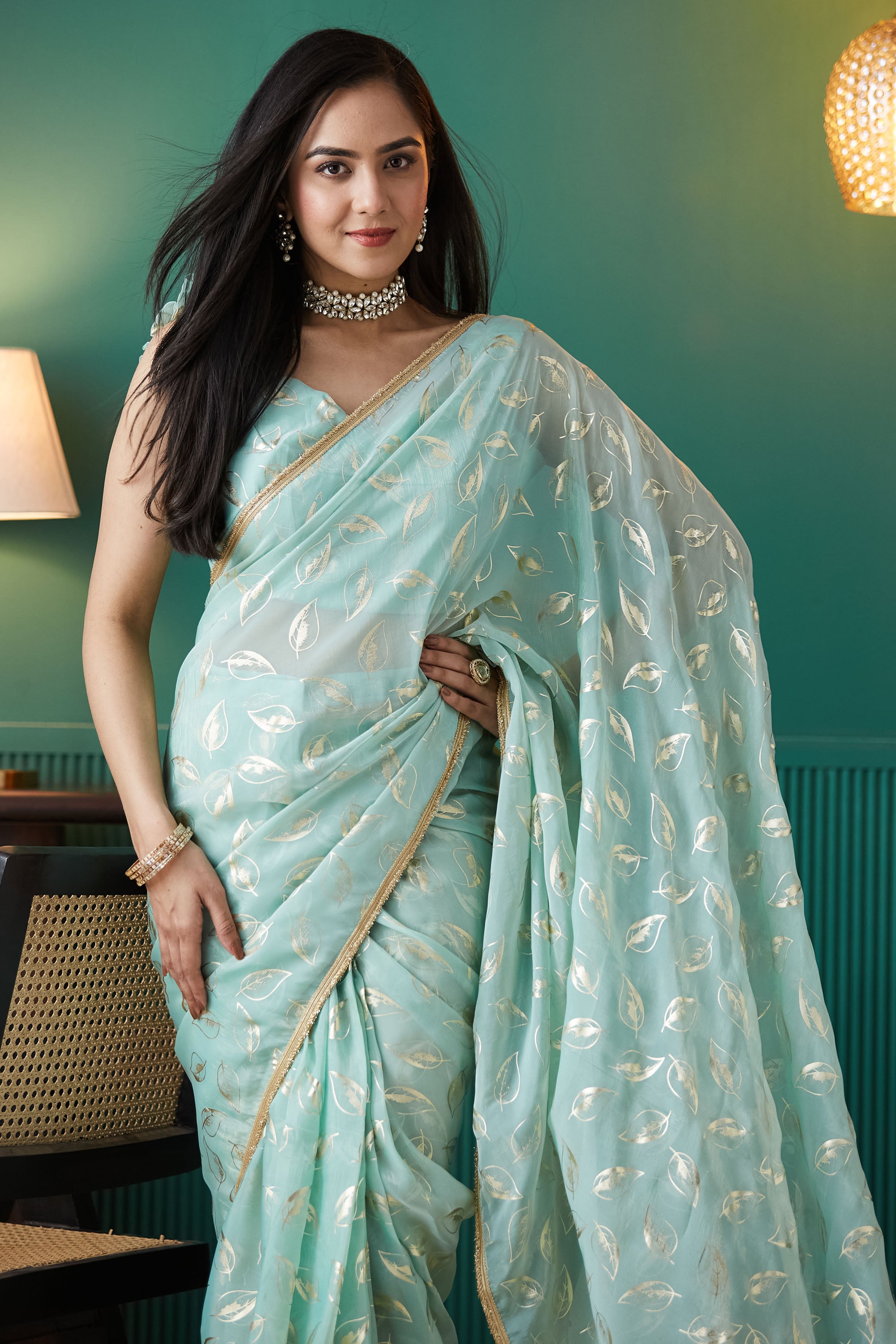 Organza Leaf Foil Print  Saree
