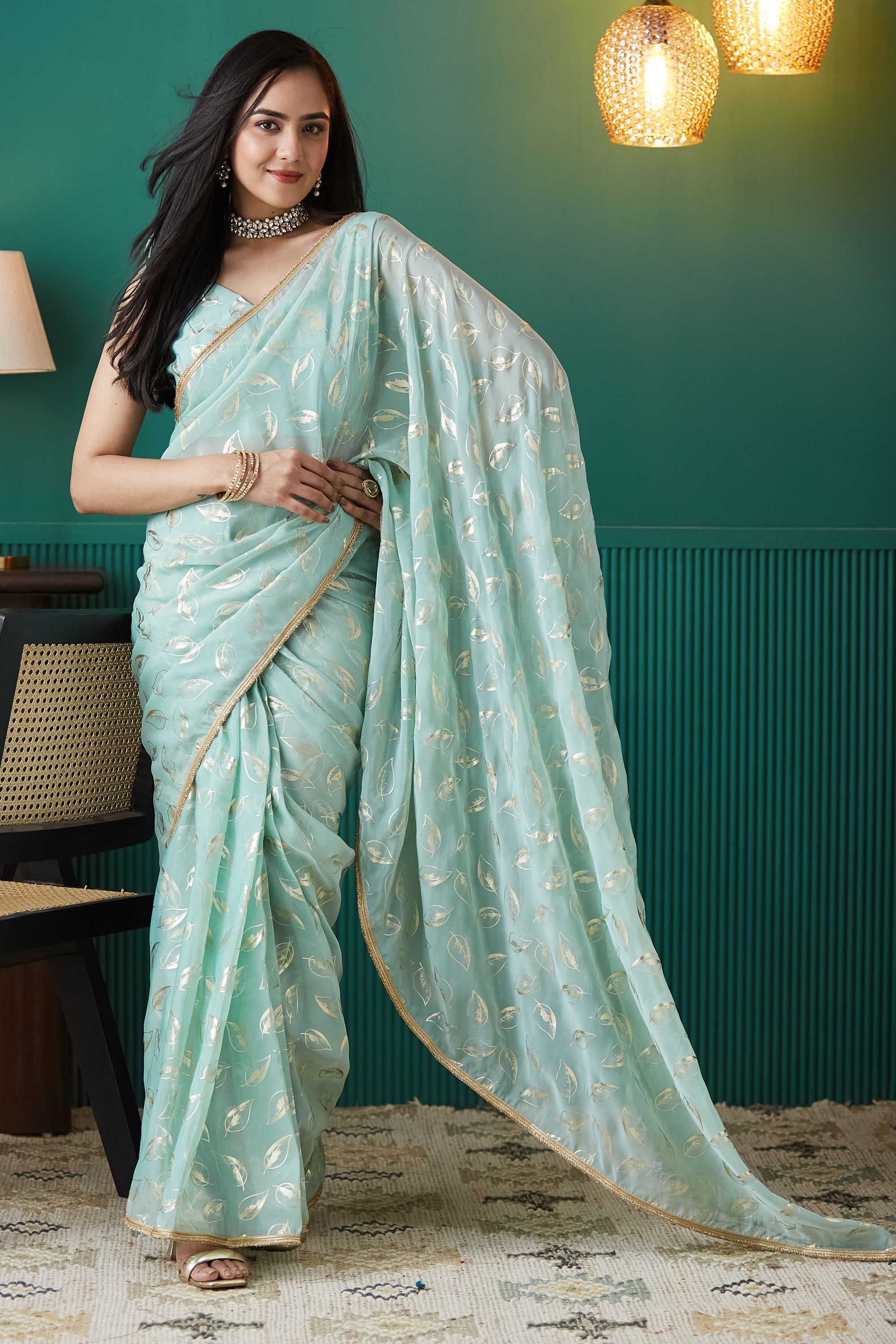 Organza Leaf Foil Print  Saree