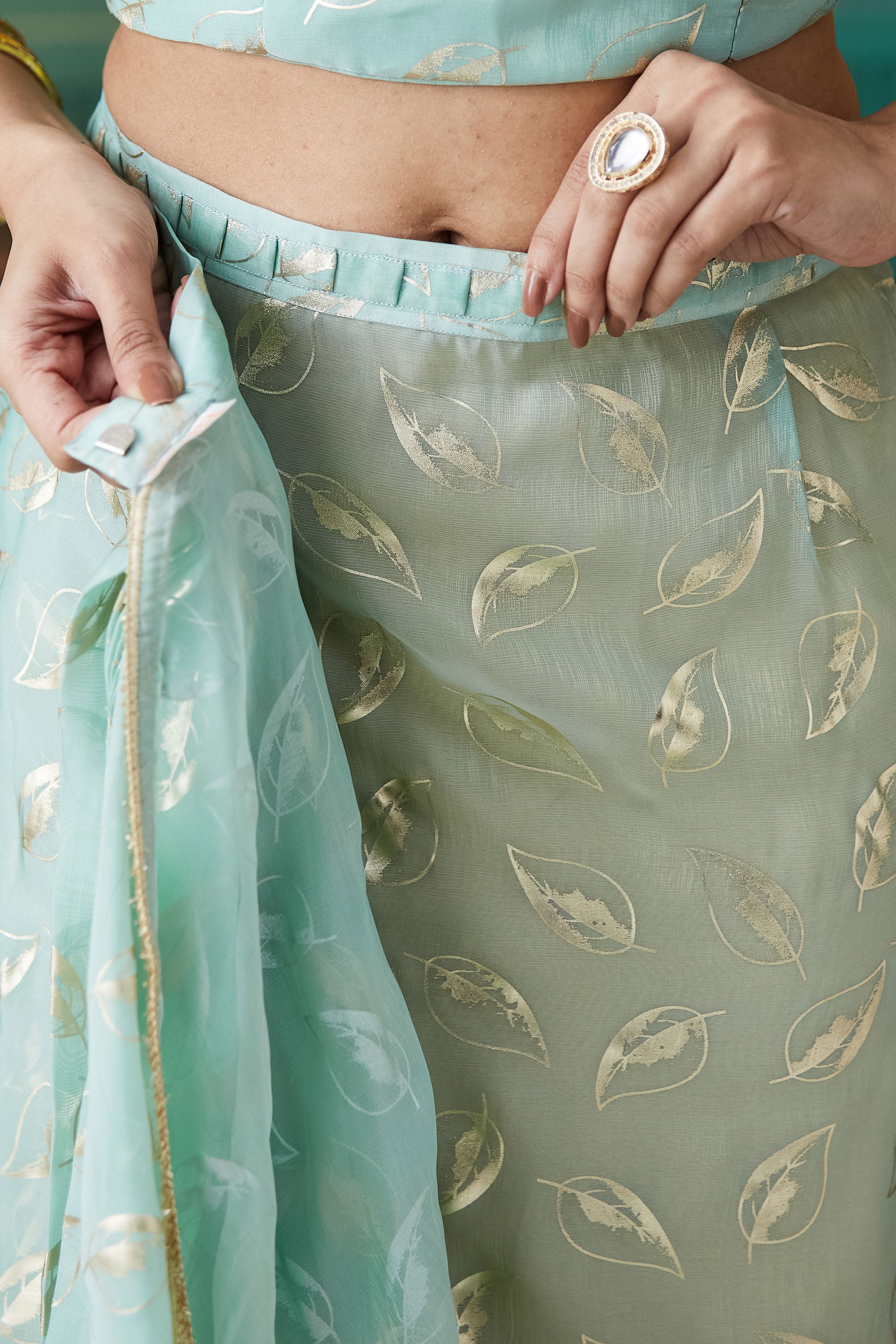 Organza Leaf Foil Print Ready To Wear Saree