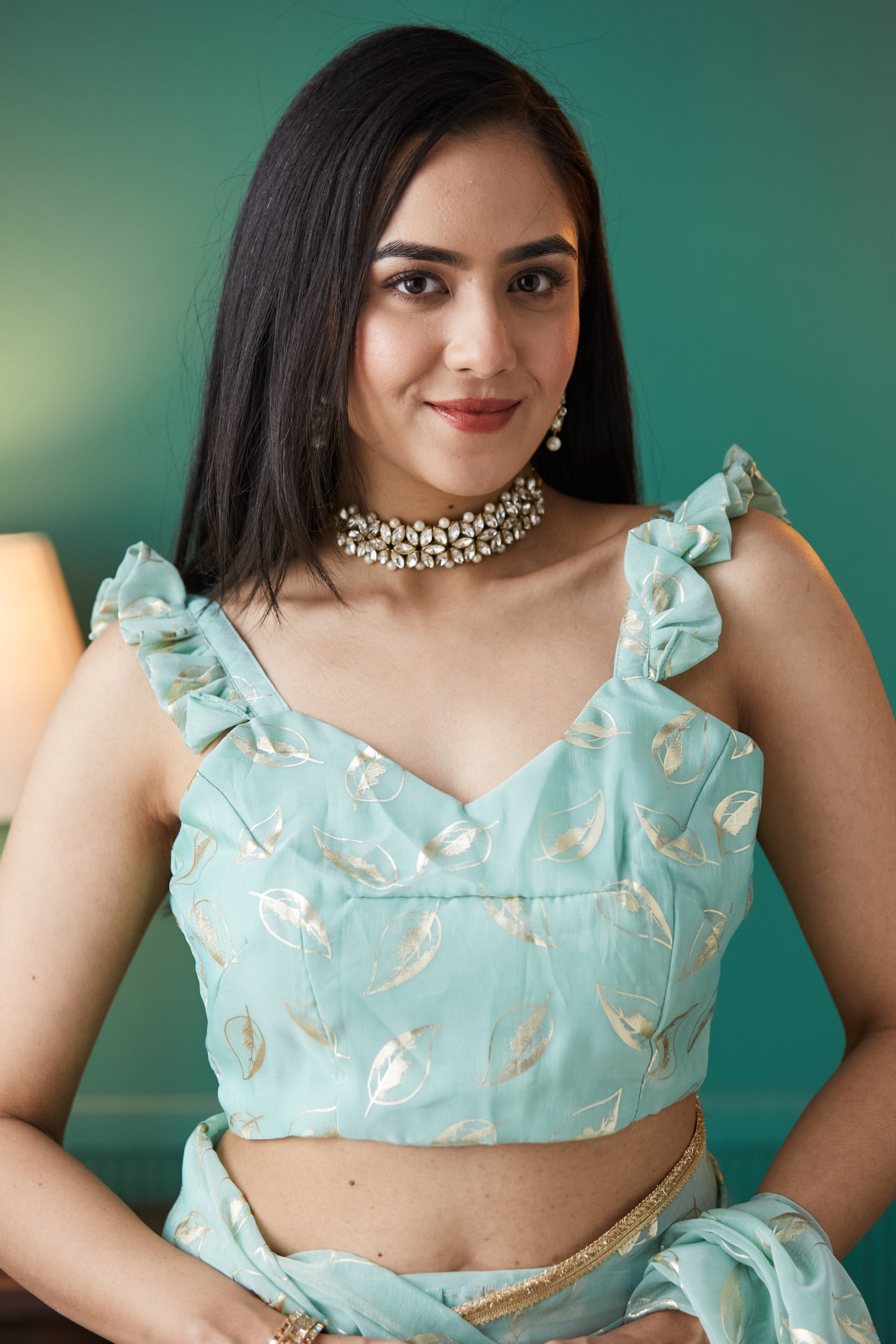 Organza Leaf Foil Print  Saree