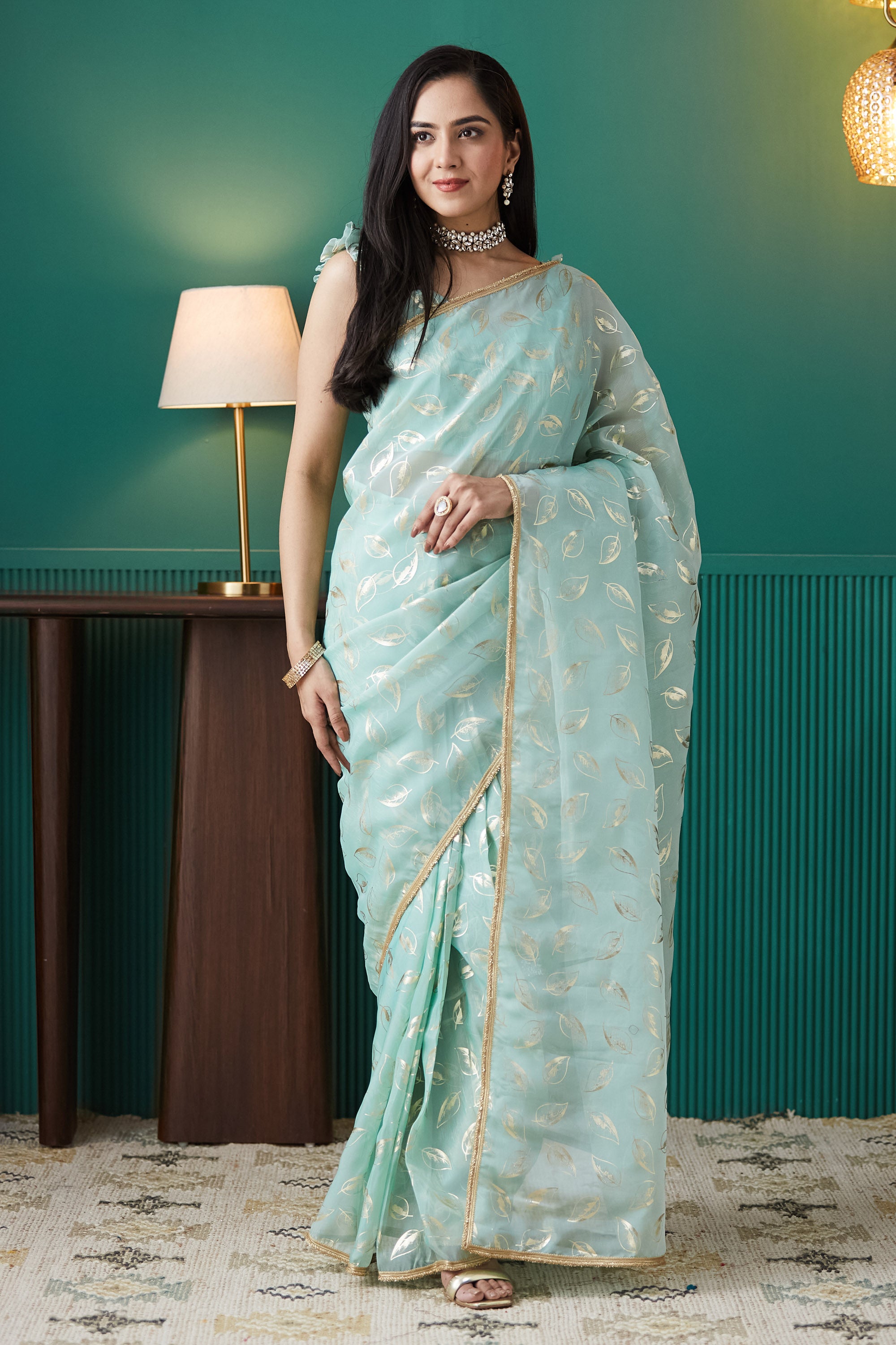 Organza Leaf Foil Print  Saree