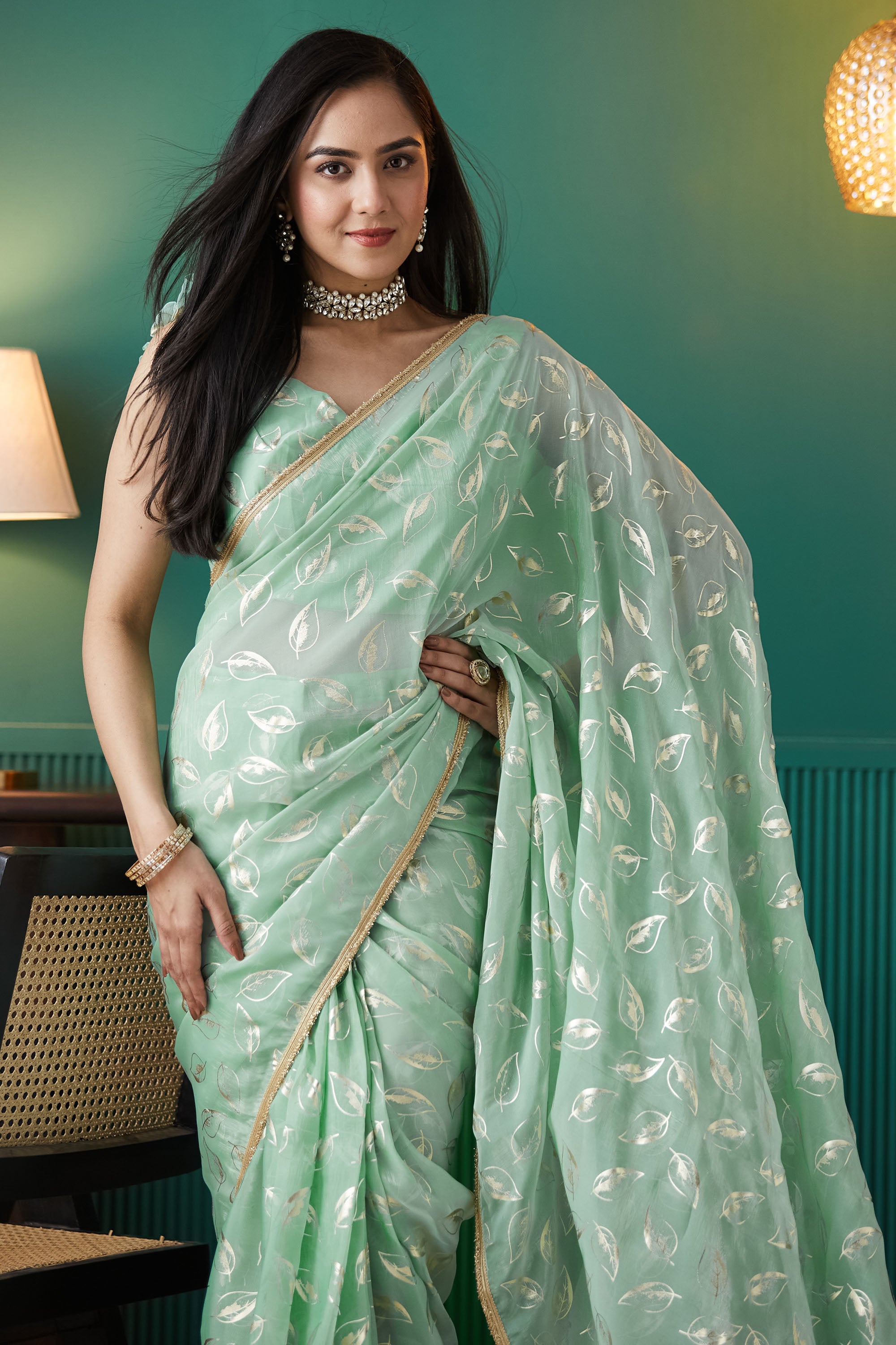 Organza Leaf Foil Print Ready To Wear Saree