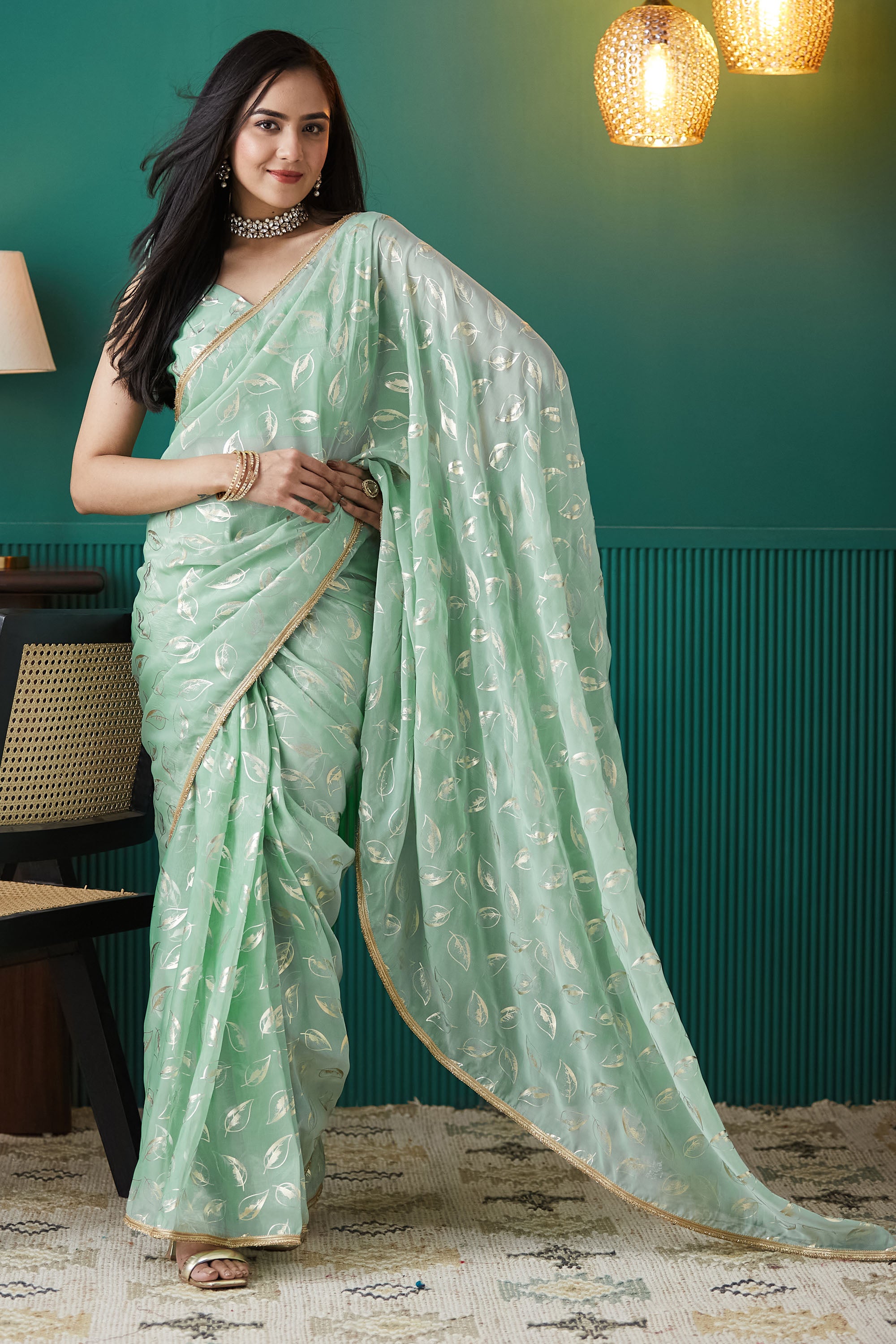 Organza Leaf Foil Print Ready To Wear Saree
