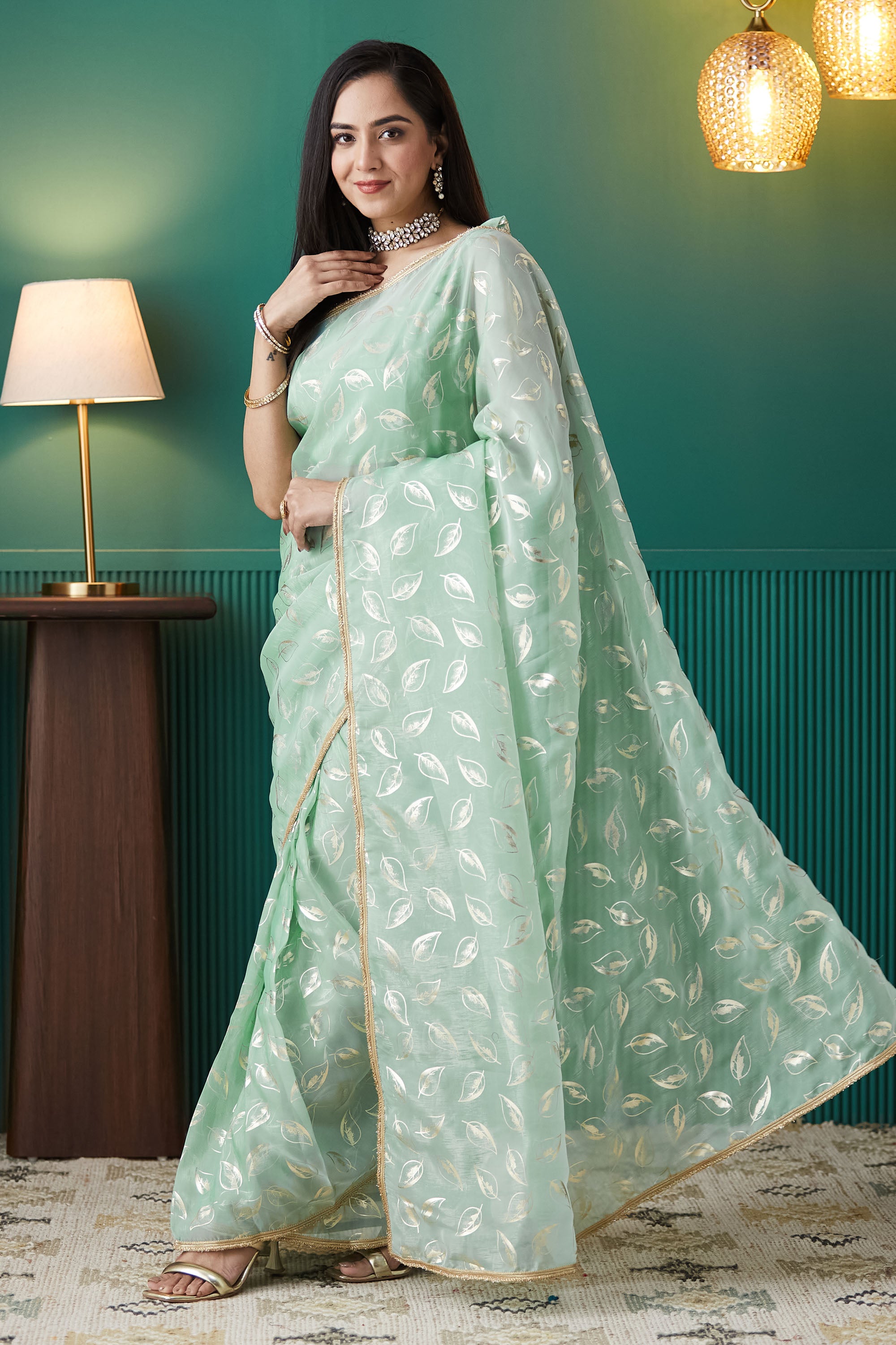 Organza Leaf Foil Print Ready To Wear Saree