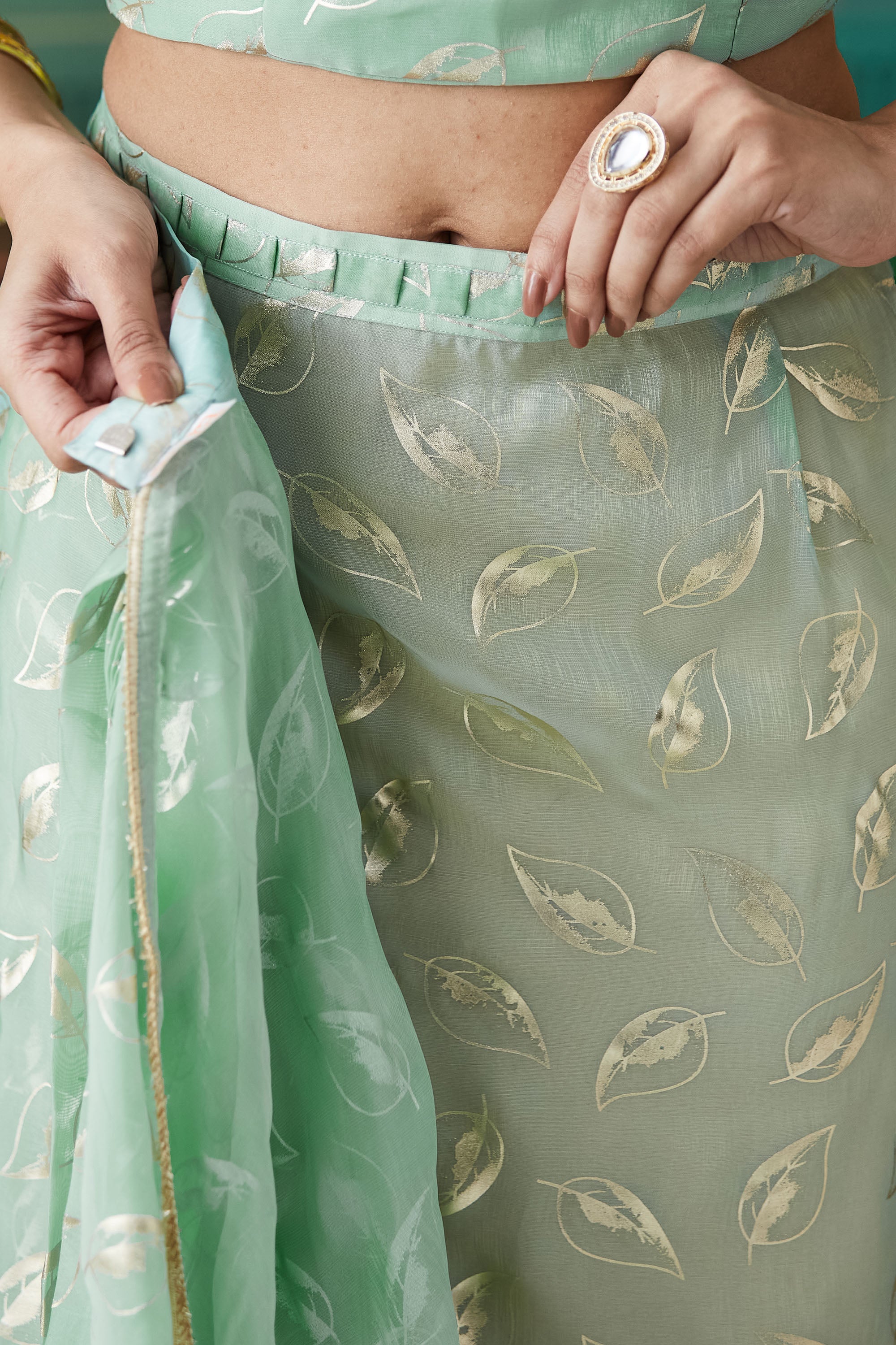Organza Leaf Foil Print Ready To Wear Saree