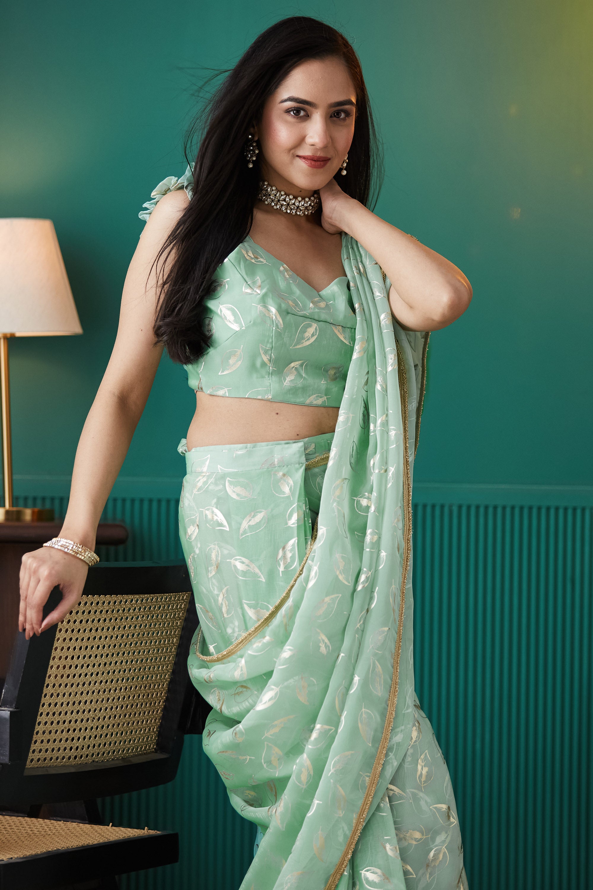 Organza Leaf Foil Print Ready To Wear Saree