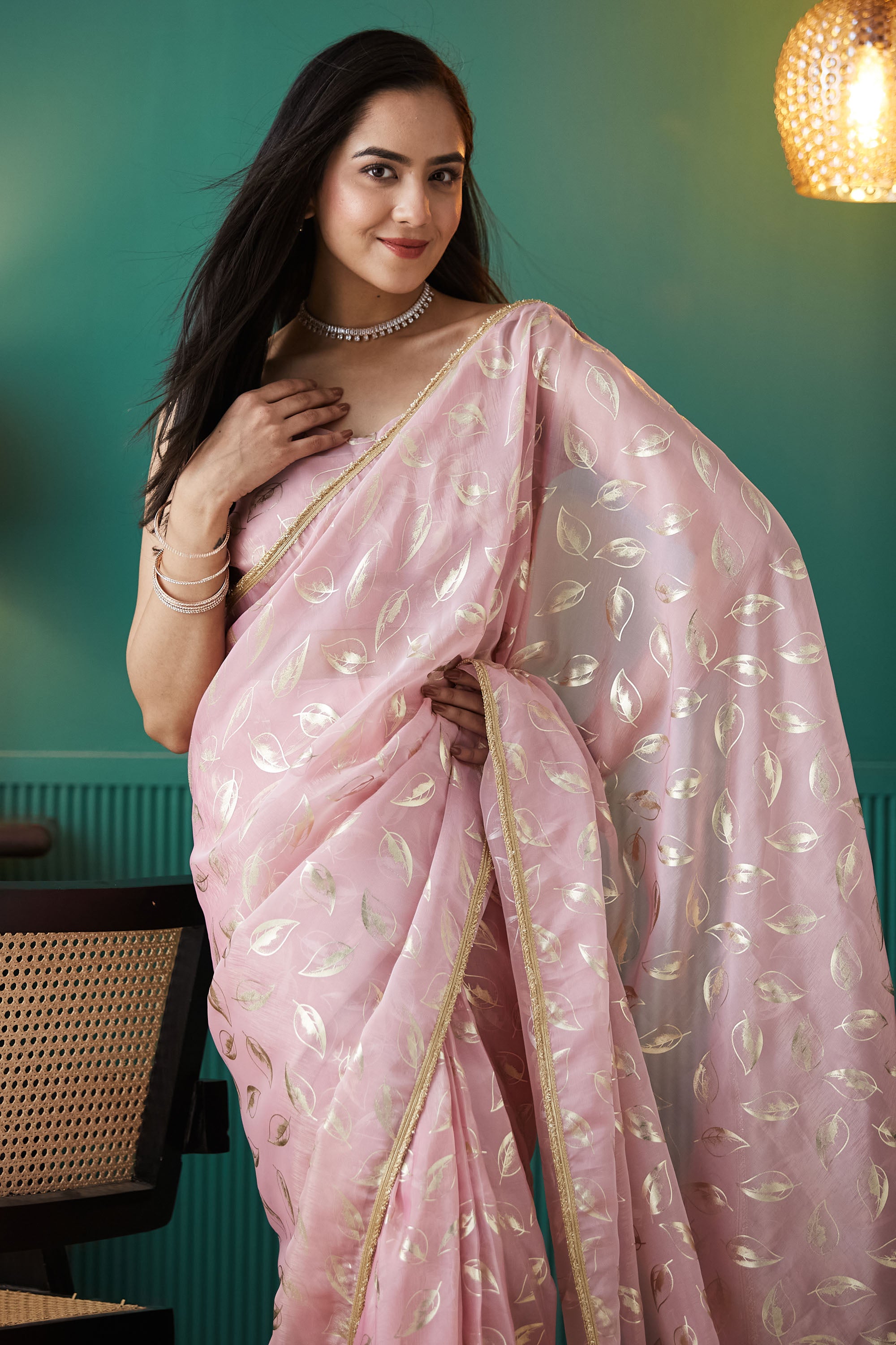Organza Leaf Foil Print  Saree