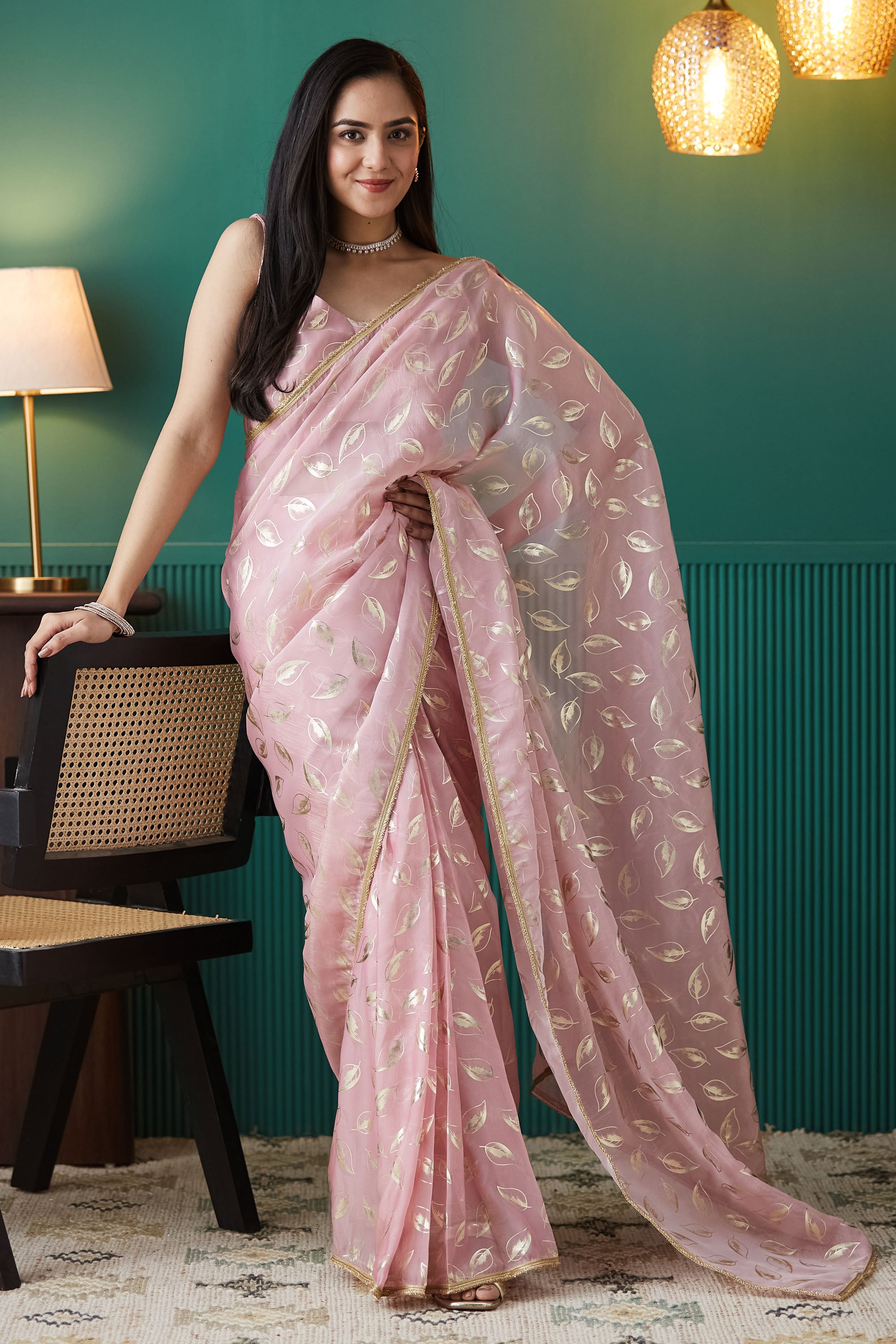 Organza Leaf Foil Print Ready To Wear Saree