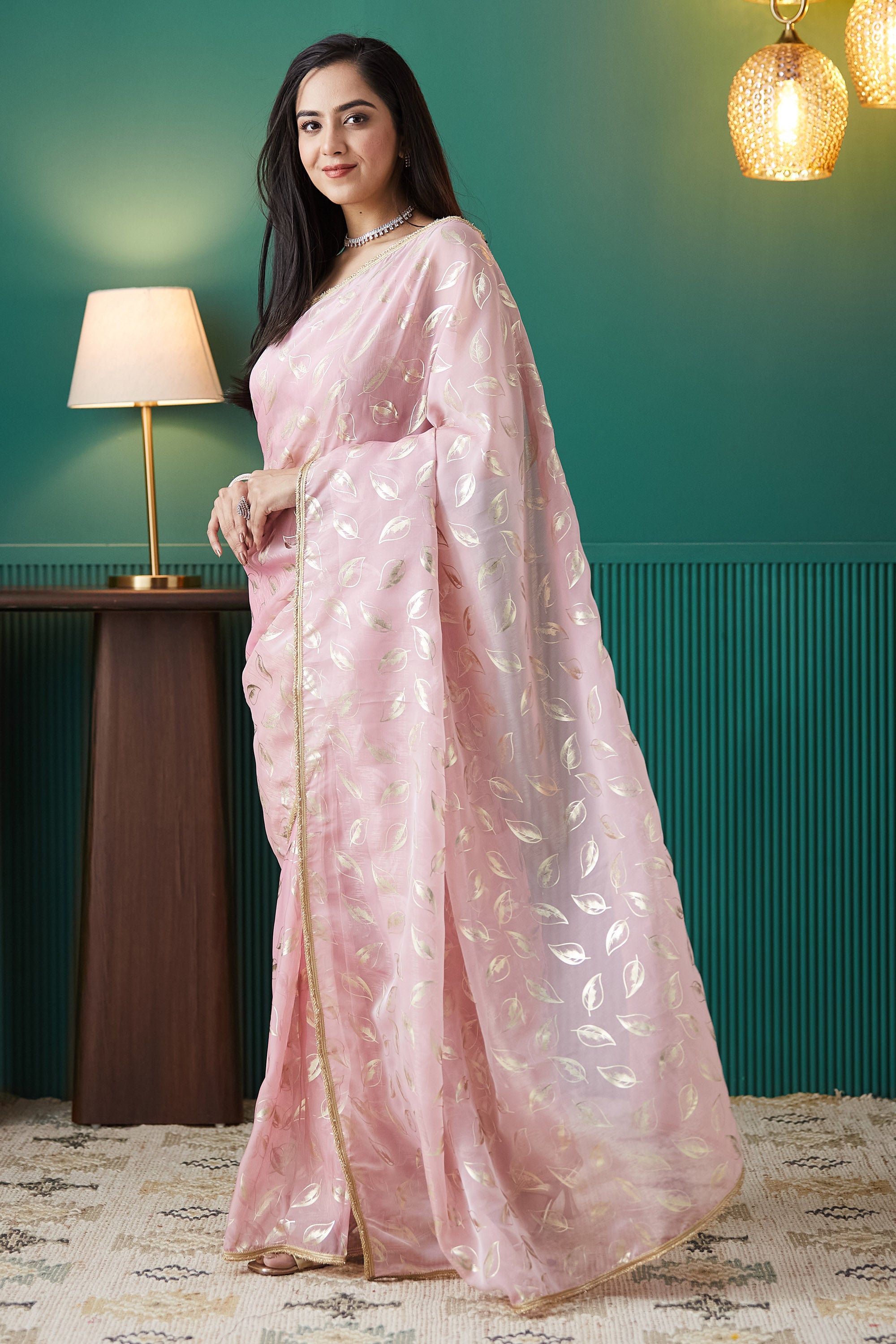 Organza Leaf Foil Print  Saree