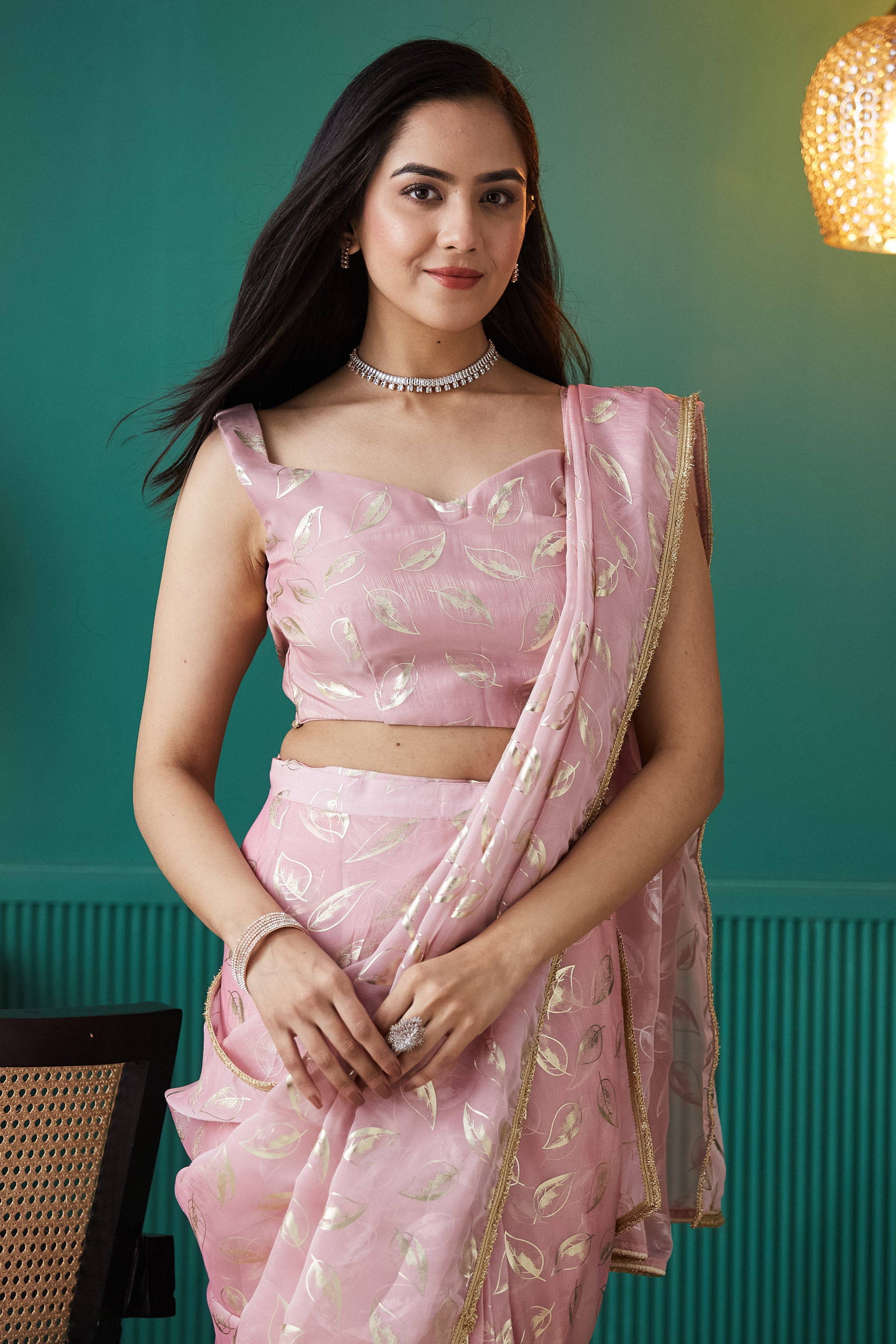 Organza Leaf Foil Print  Saree