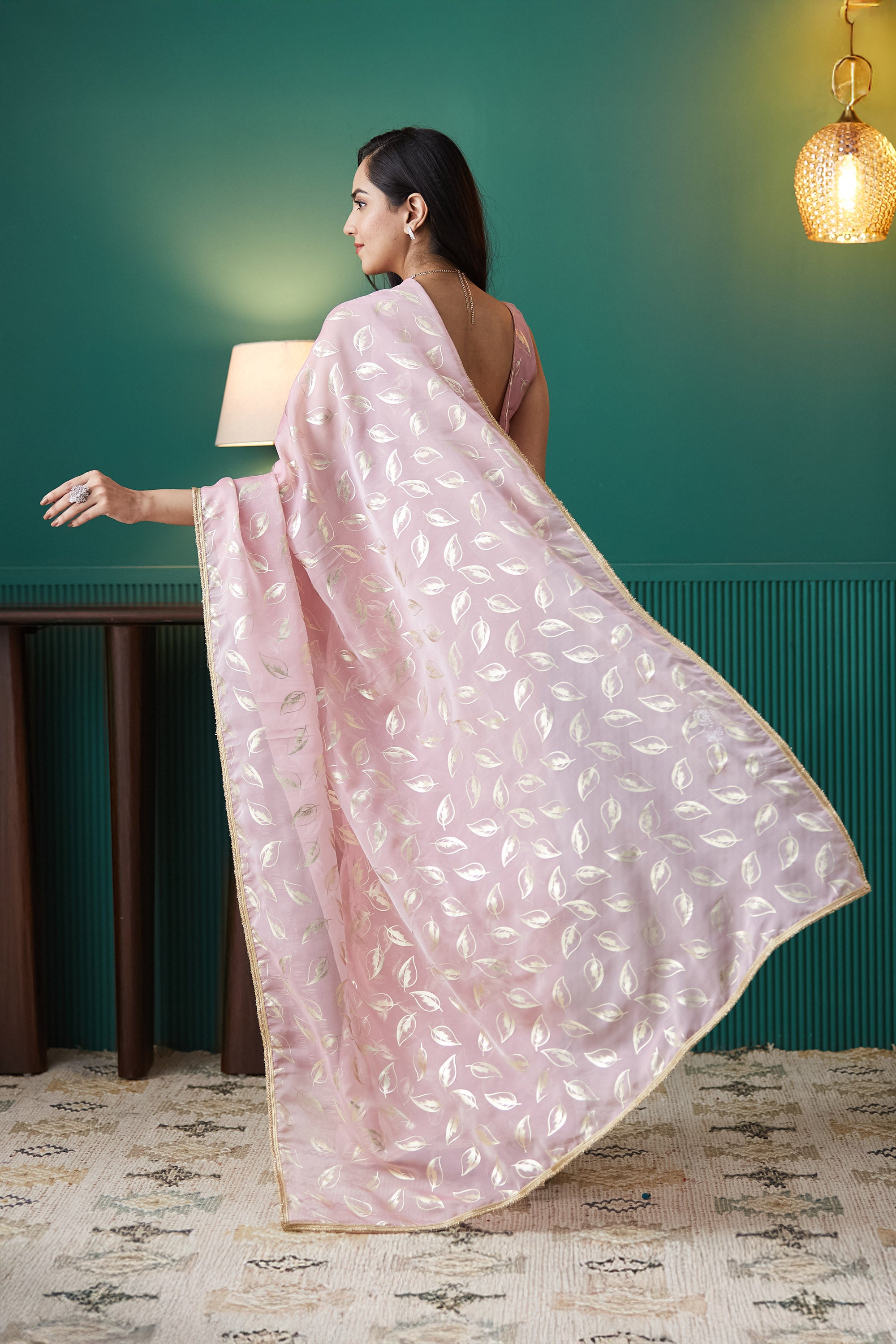 Organza Leaf Foil Print  Saree