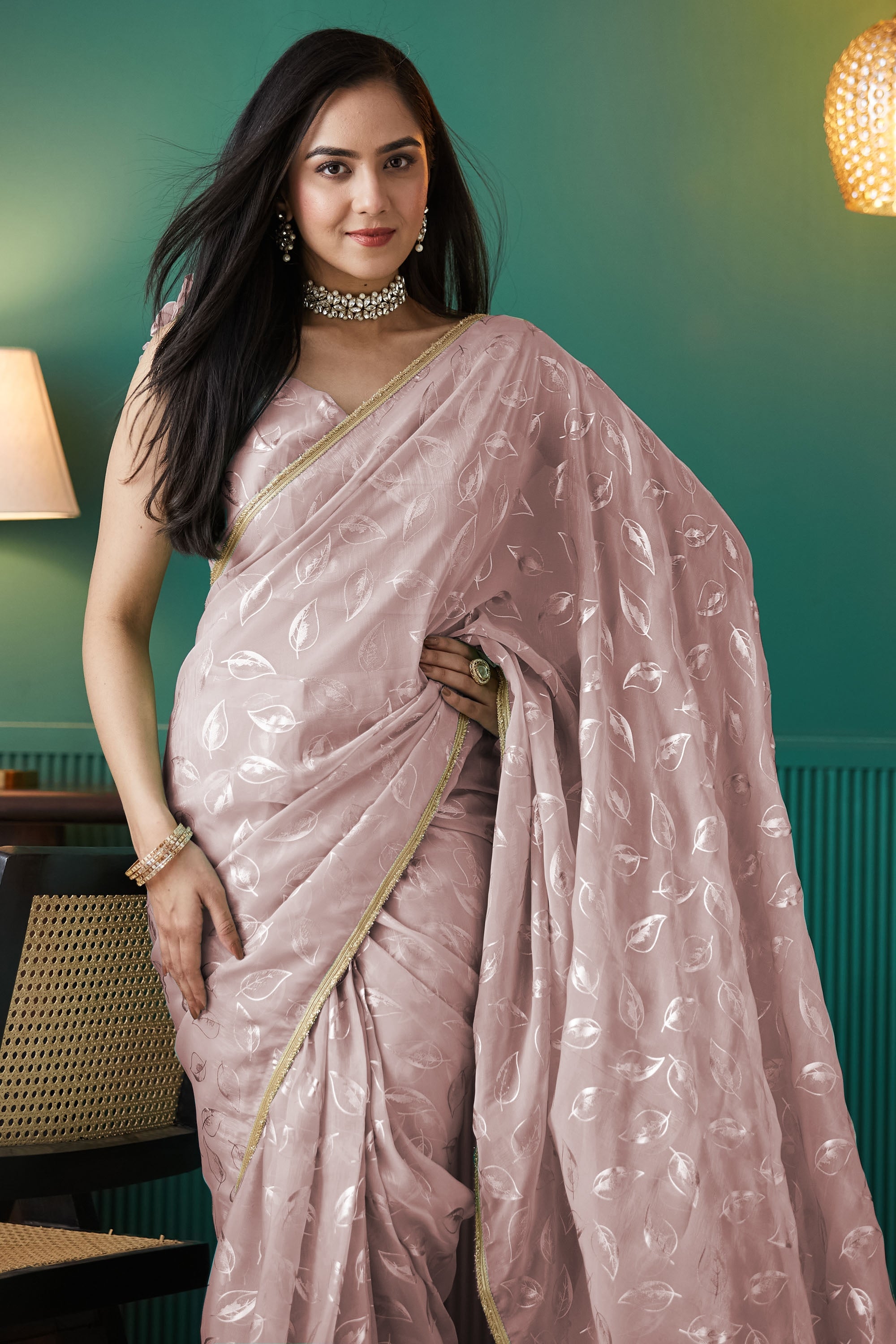 Organza Leaf Foil Print Ready To Wear Saree