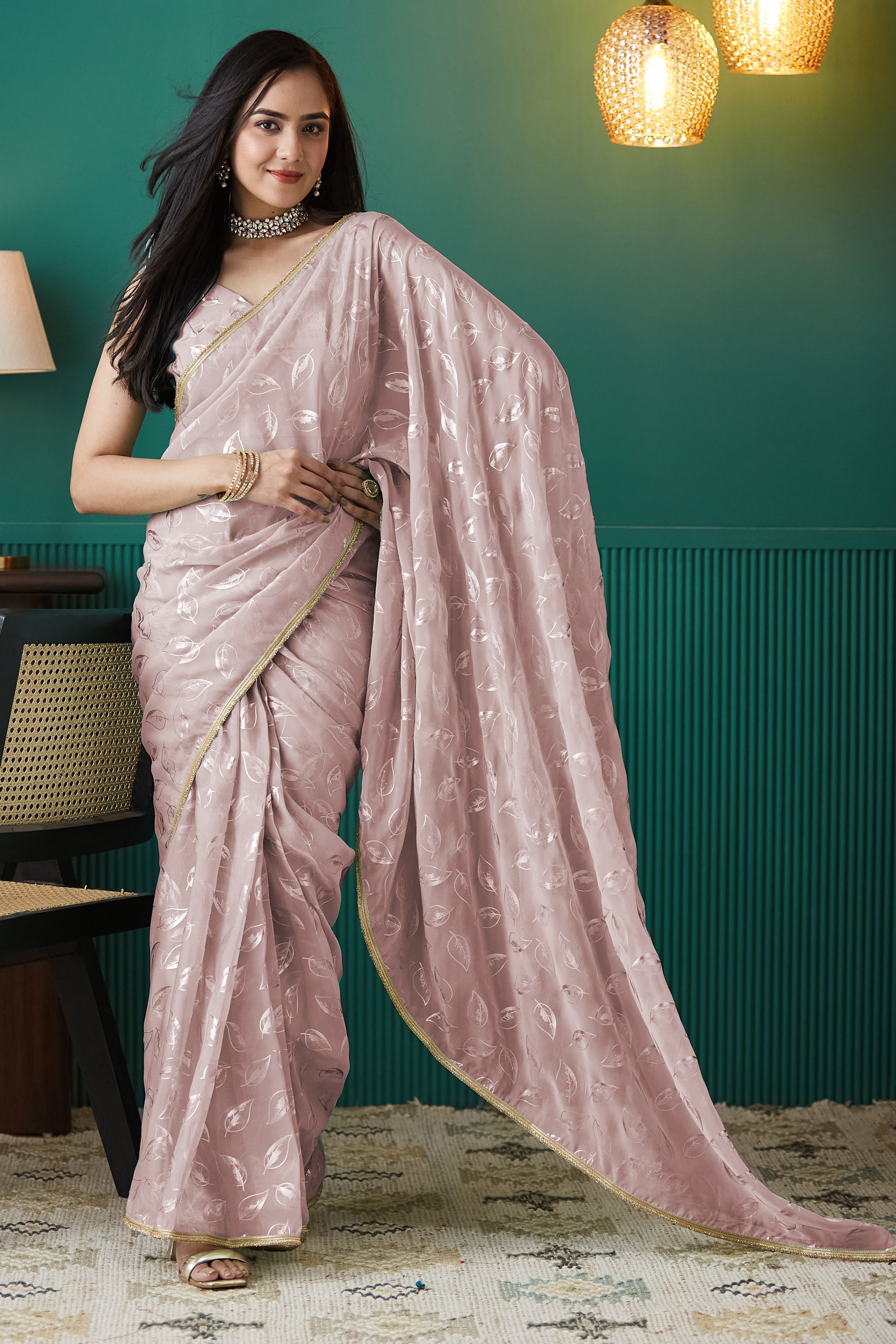 Organza Leaf Foil Print Ready To Wear Saree