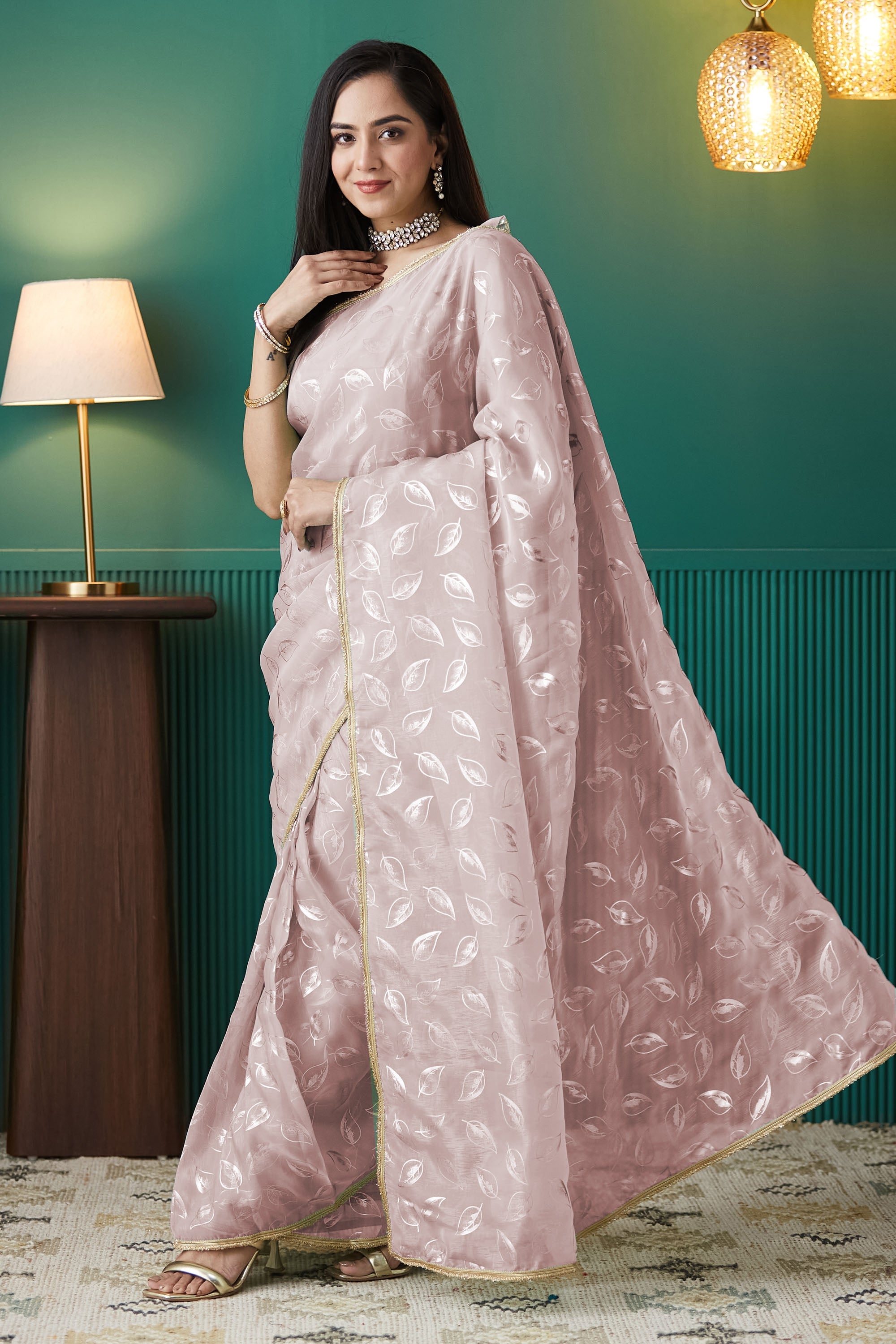 Organza Leaf Foil Print Ready To Wear Saree