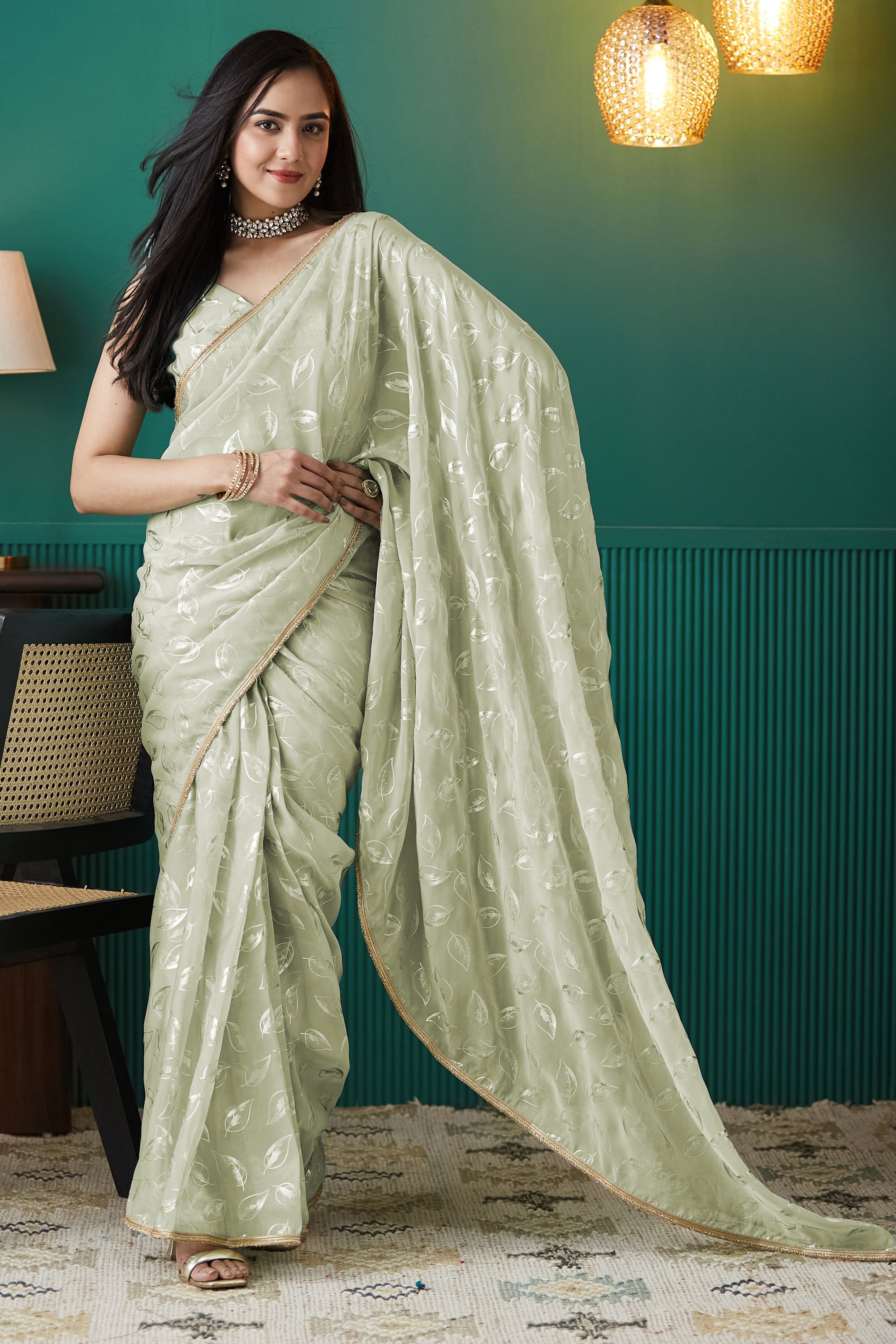 Organza Leaf Foil Print Ready To Wear Saree