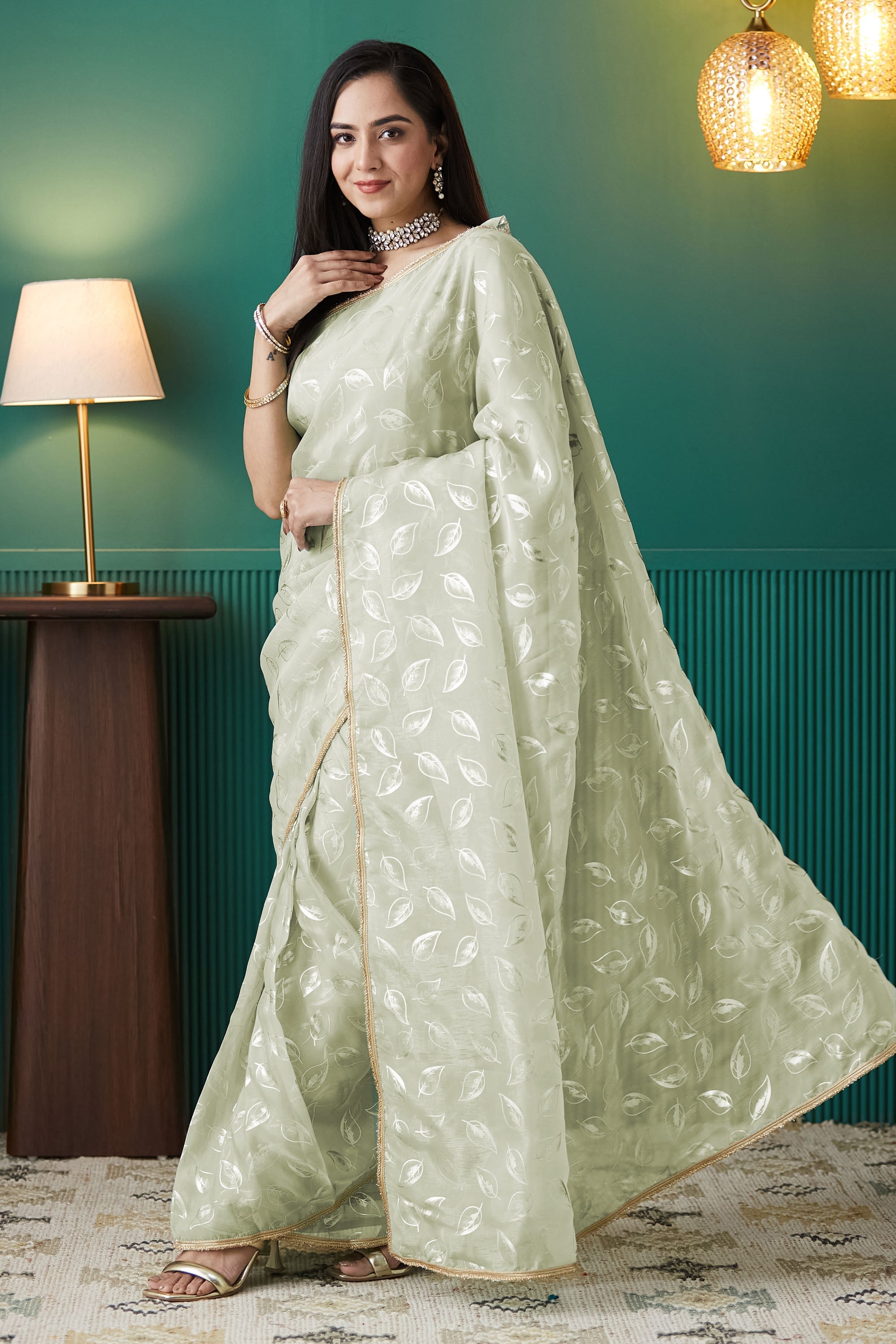 Organza Leaf Foil Print Ready To Wear Saree