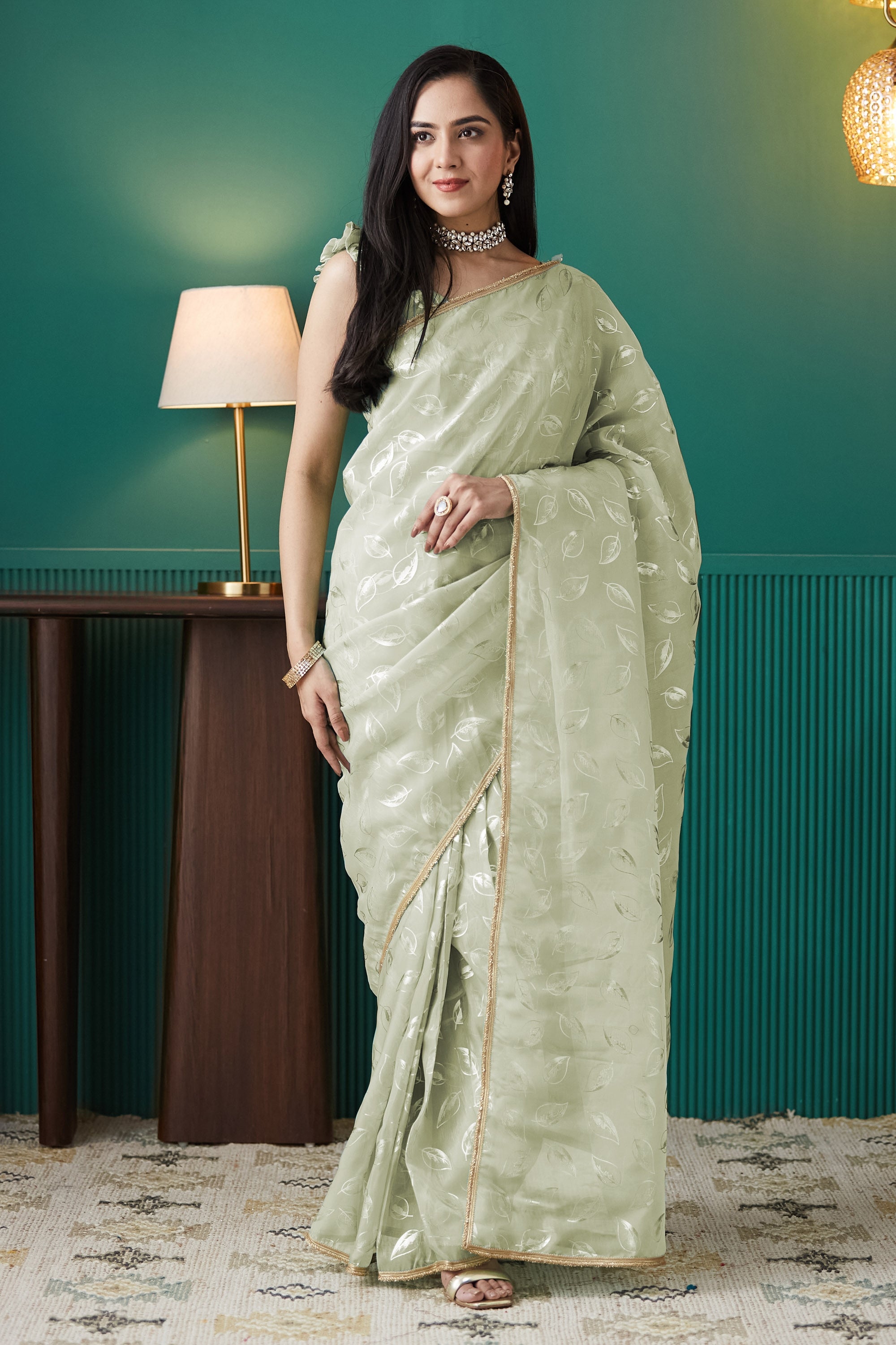 Organza Leaf Foil Print Ready To Wear Saree