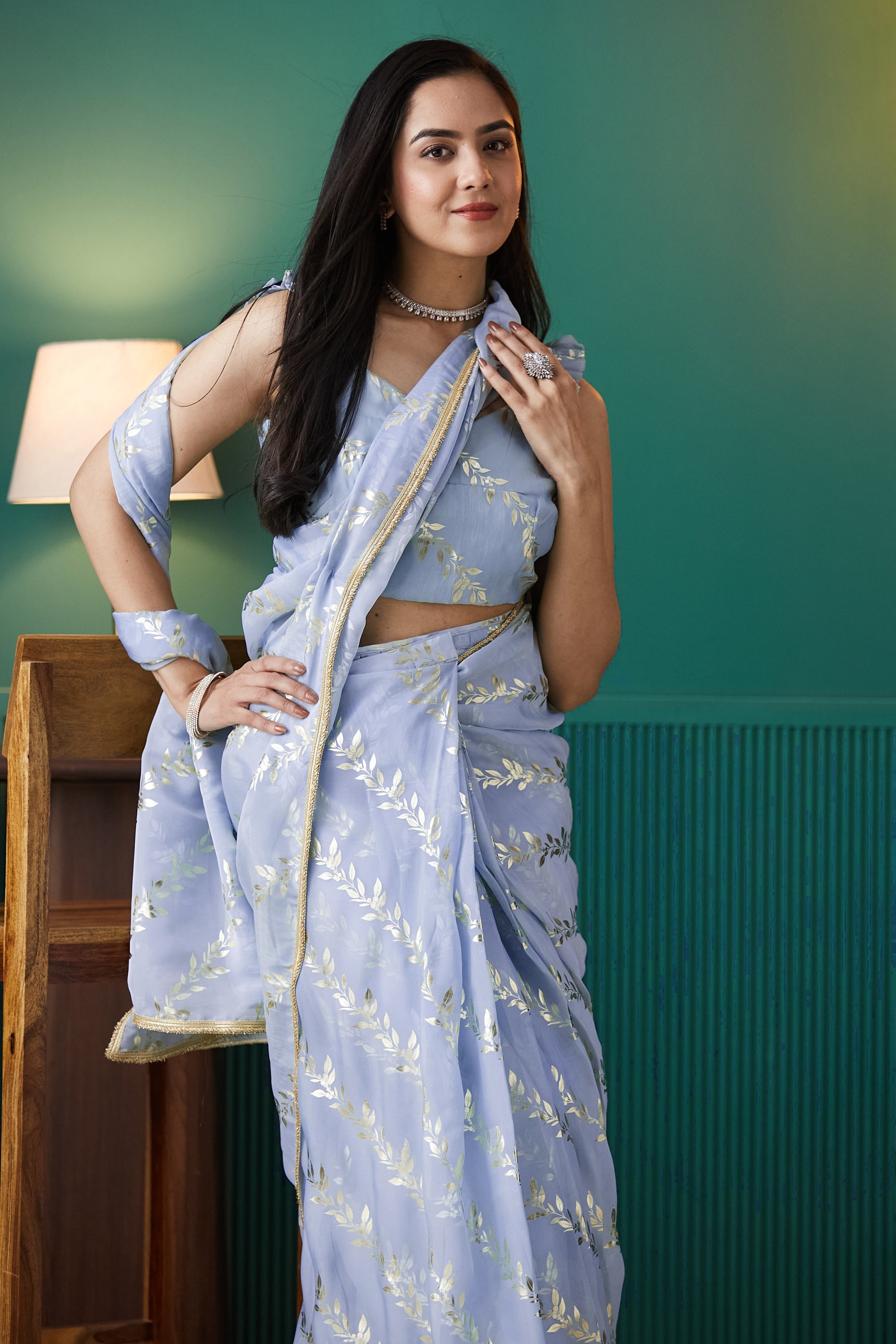 Organza Leaf Foil Print Ready To Wear Saree