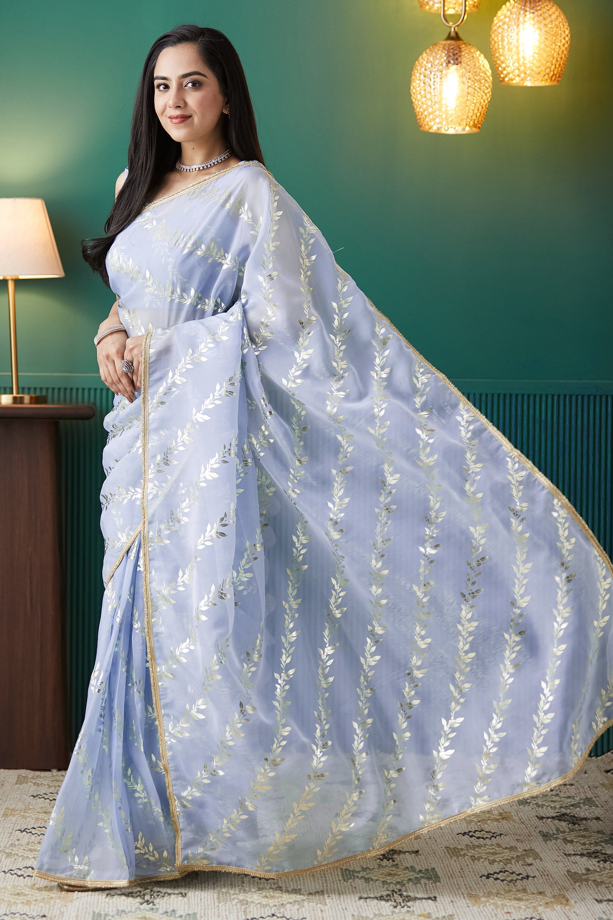 Organza Leaf Foil Print Ready To Wear Saree