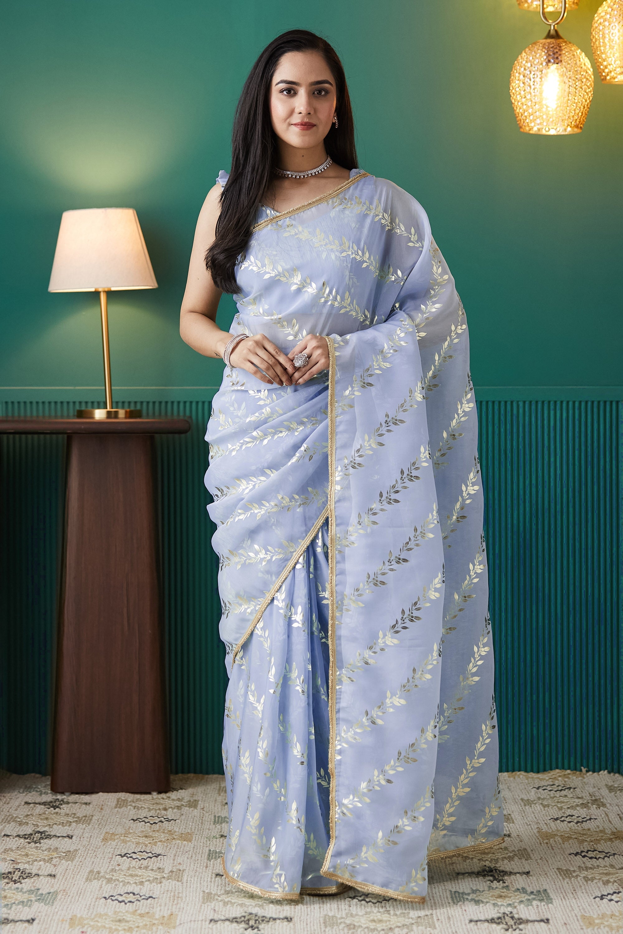 Organza Leaf Foil Print Ready To Wear Saree