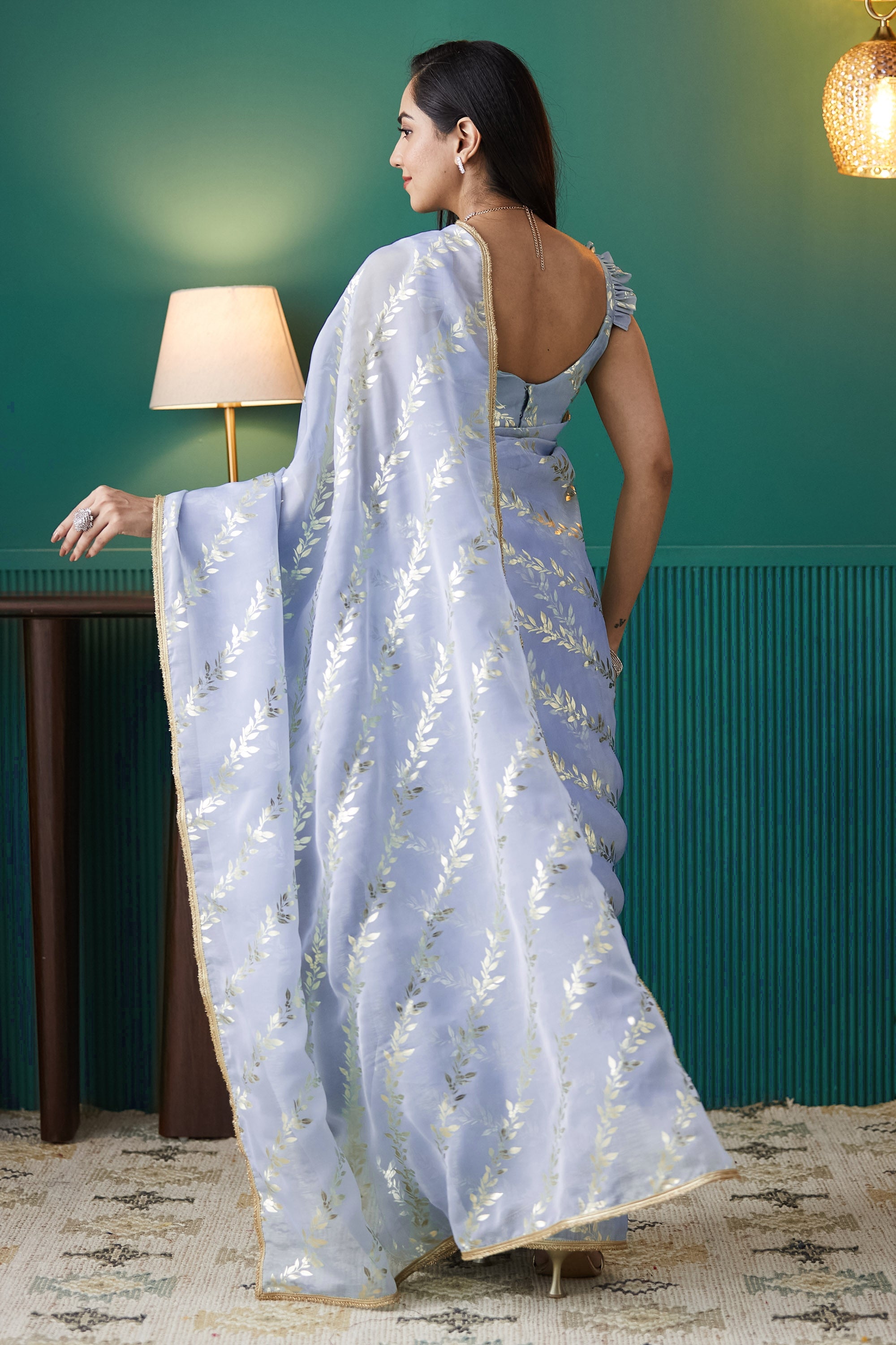 Organza Leaf Foil Print Ready To Wear Saree