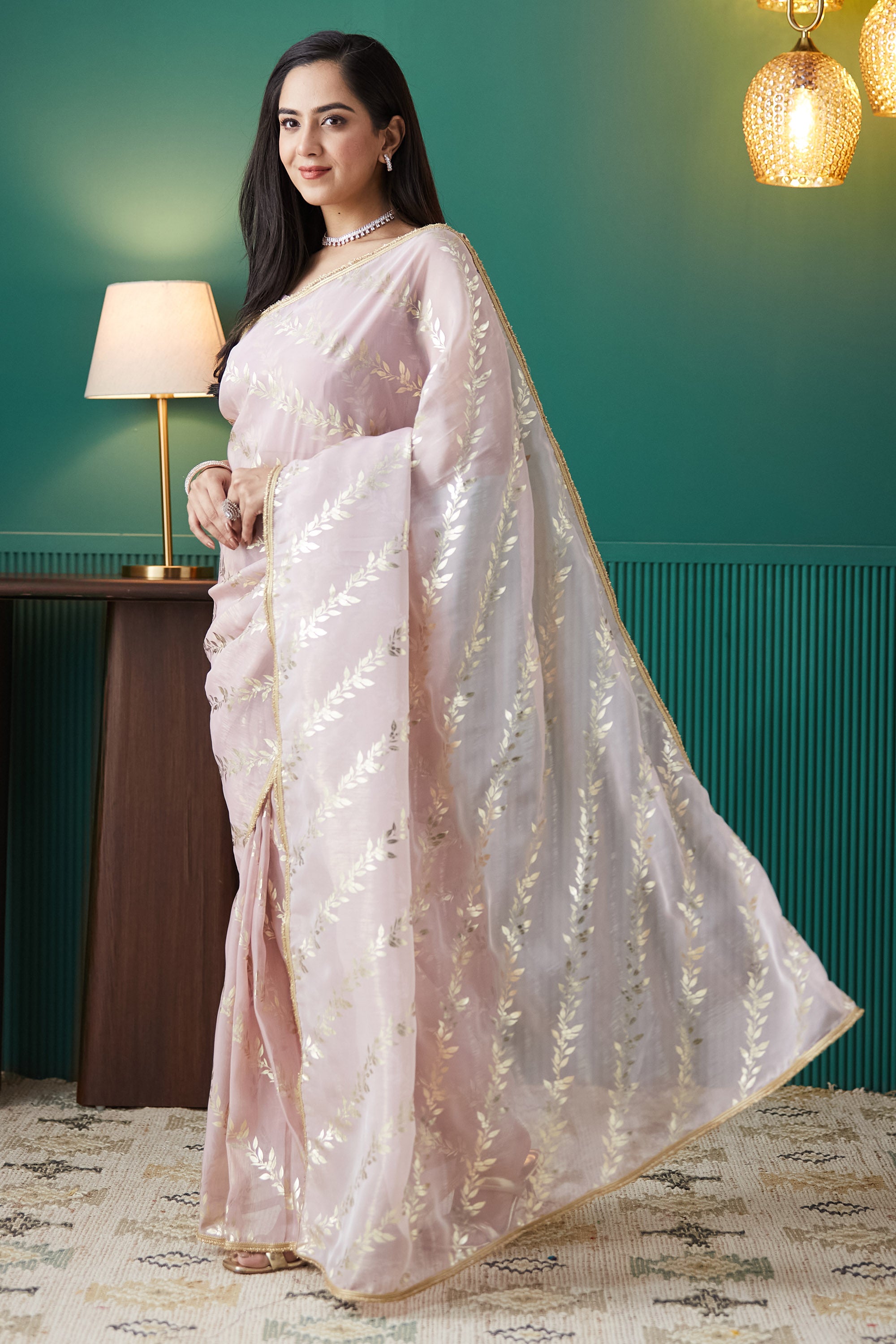 Organza Leaf Print  Saree