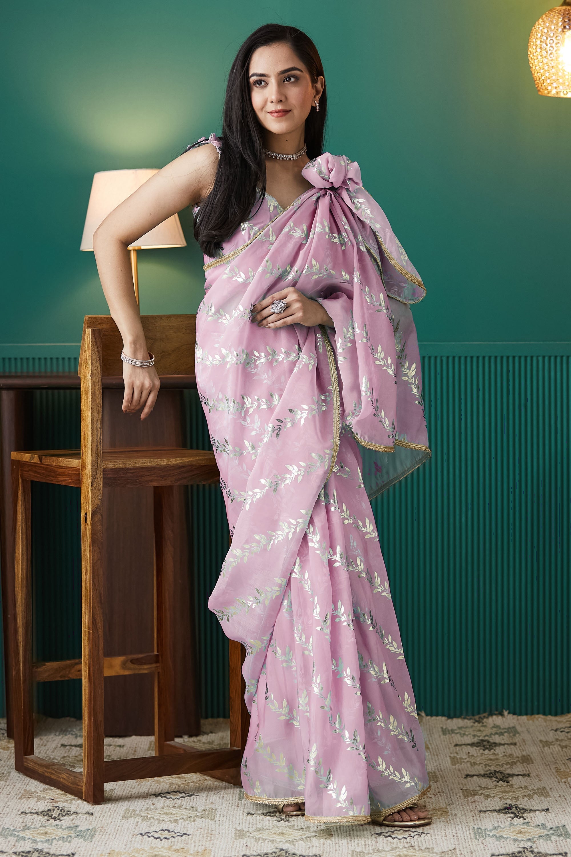 Organza Leaf Foil Print Ready To Wear Saree