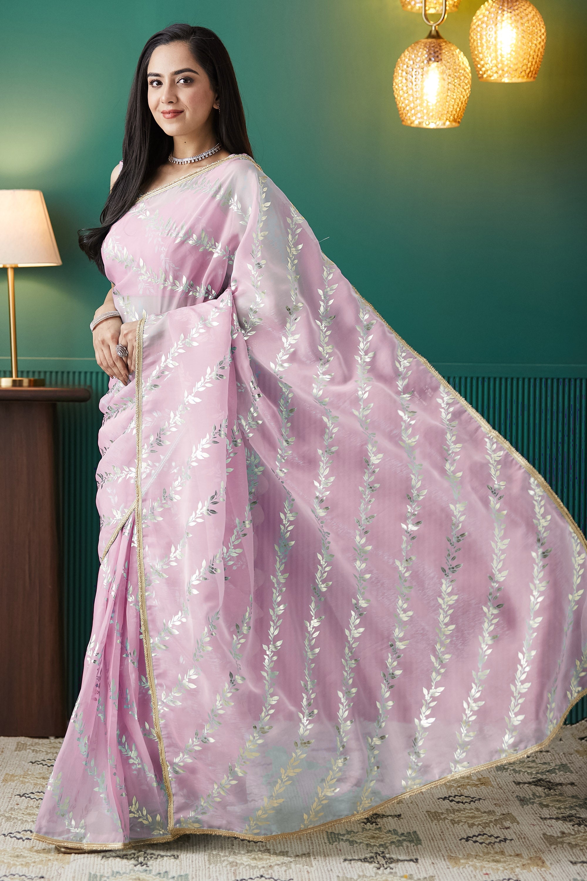 Organza Leaf Foil Print Ready To Wear Saree