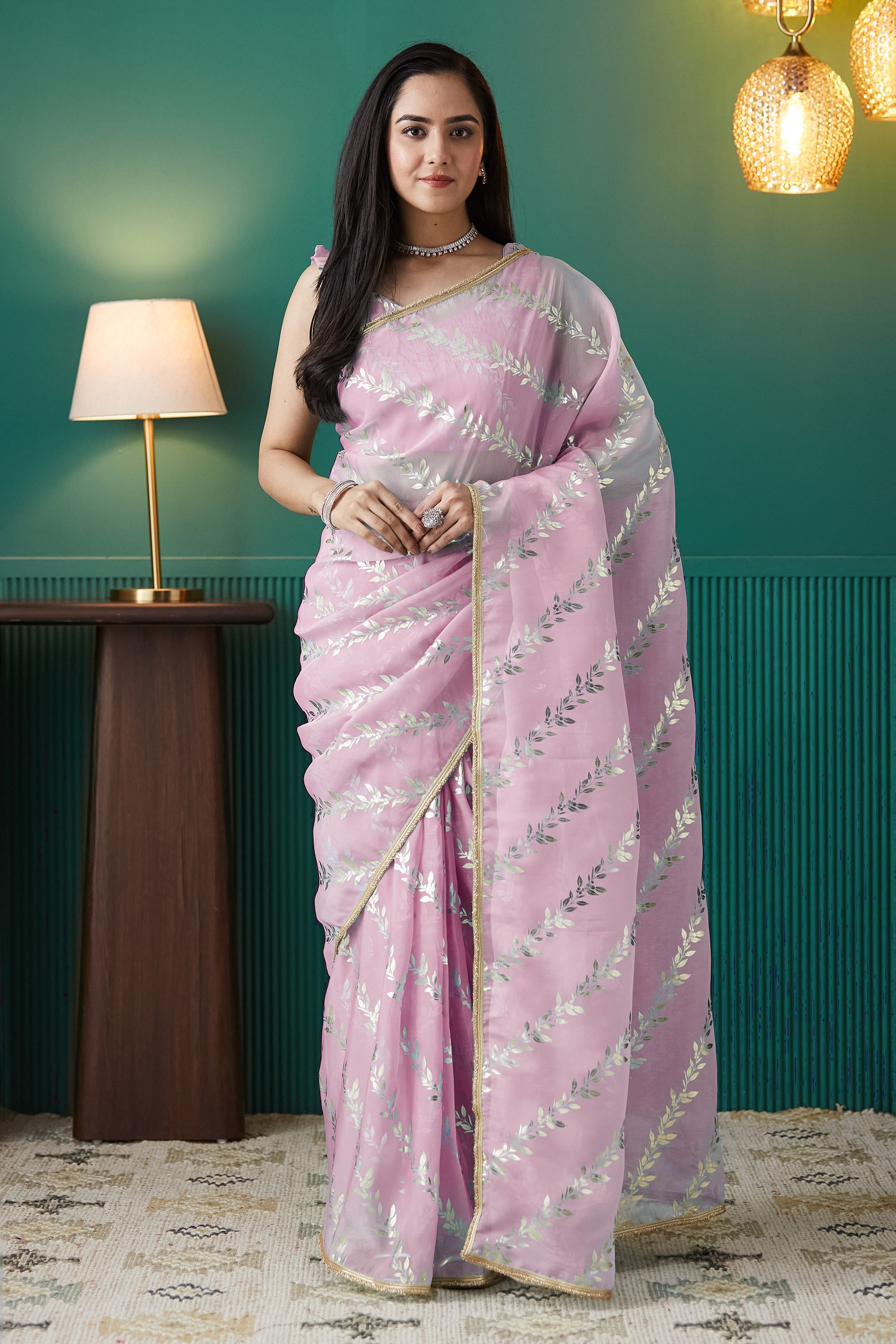 Organza Leaf Foil Print Ready To Wear Saree