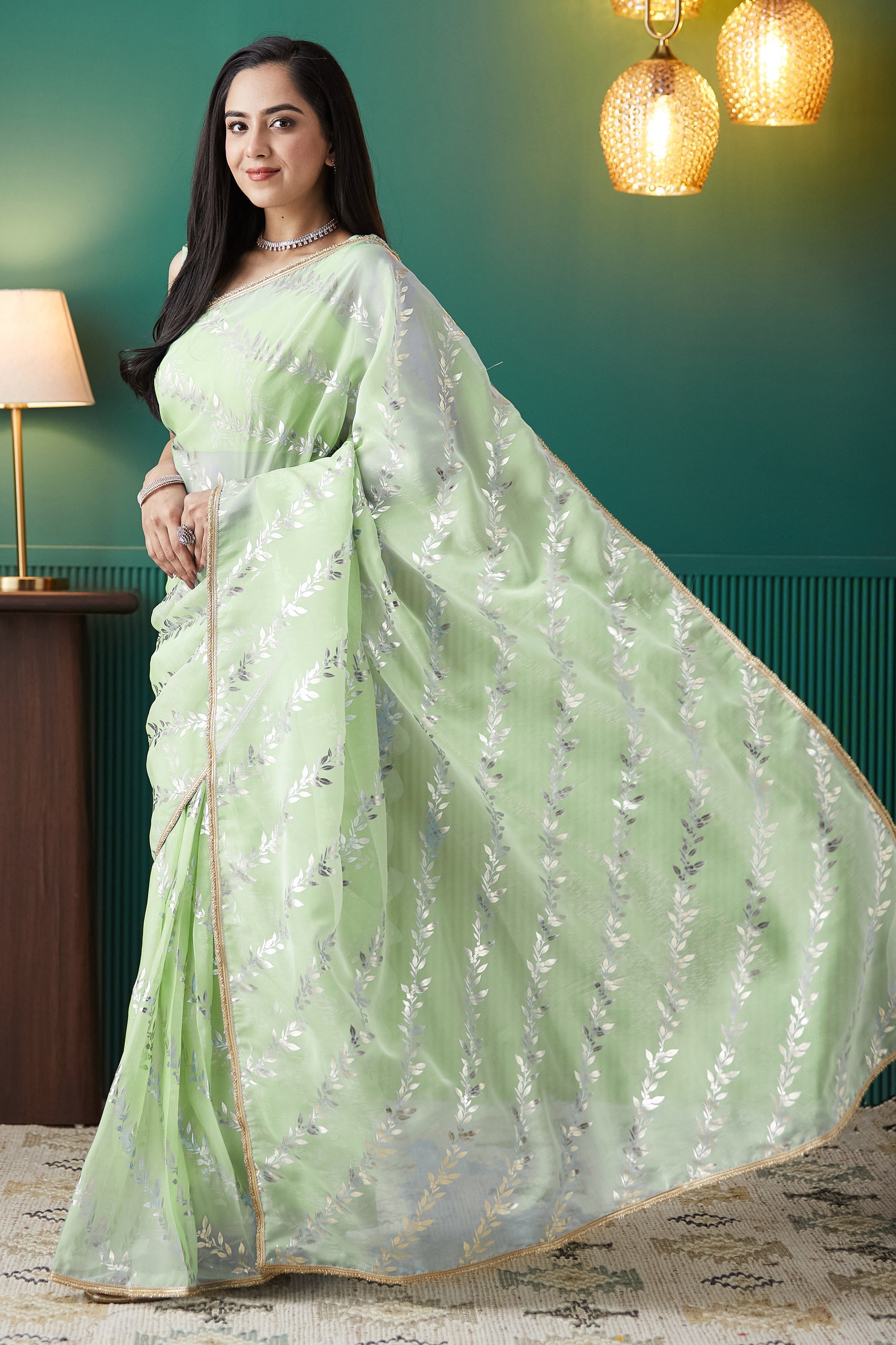 Organza Leaf Foil Print Ready To Wear Saree