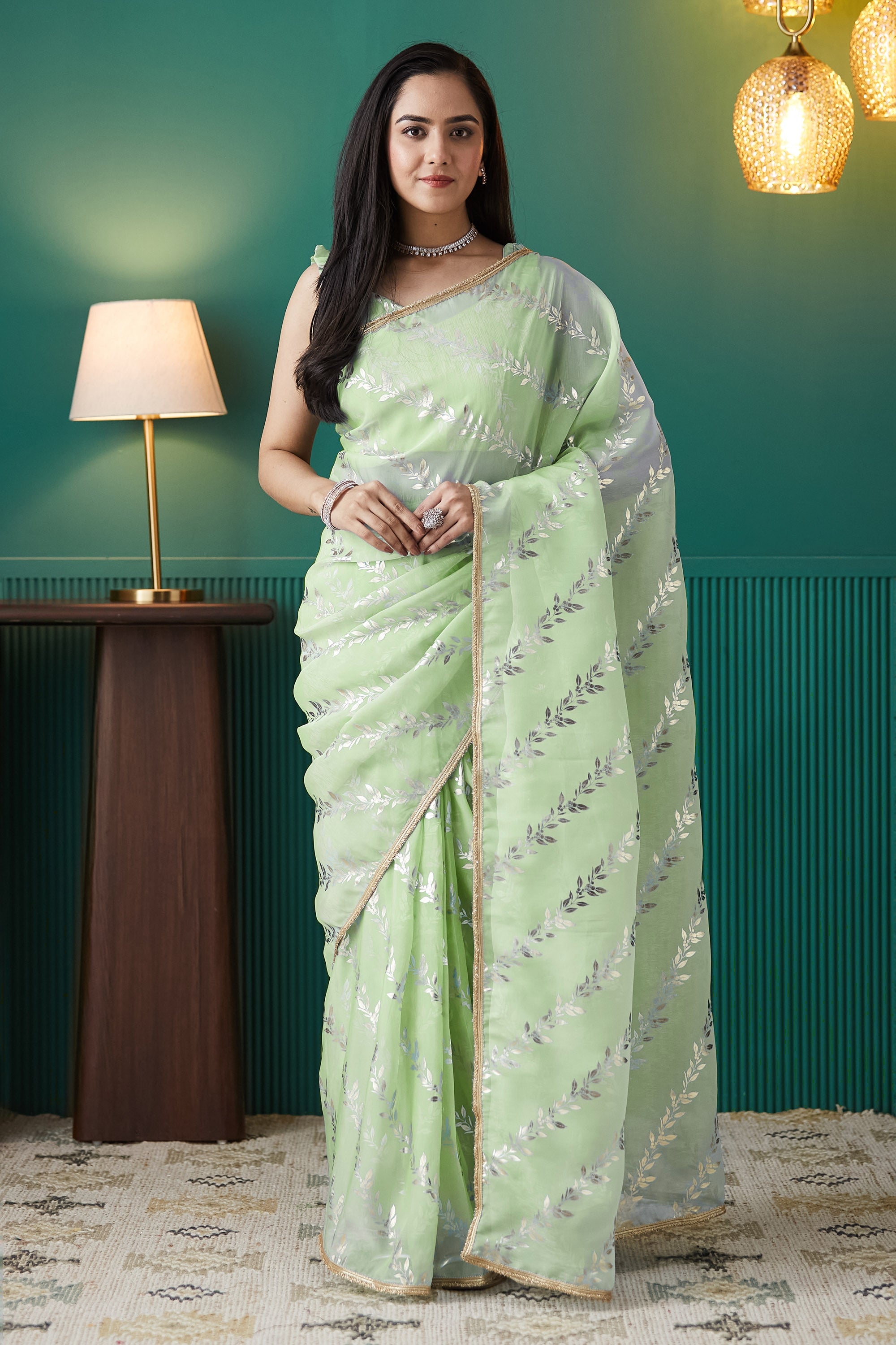 Organza Leaf Foil Print Ready To Wear Saree