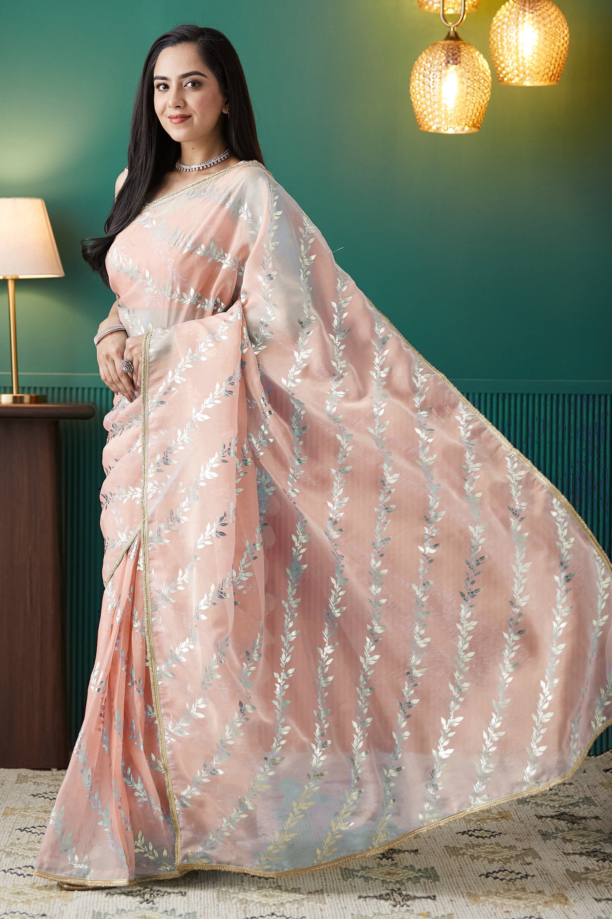 Organza Leaf Foil Print Ready To Wear Saree