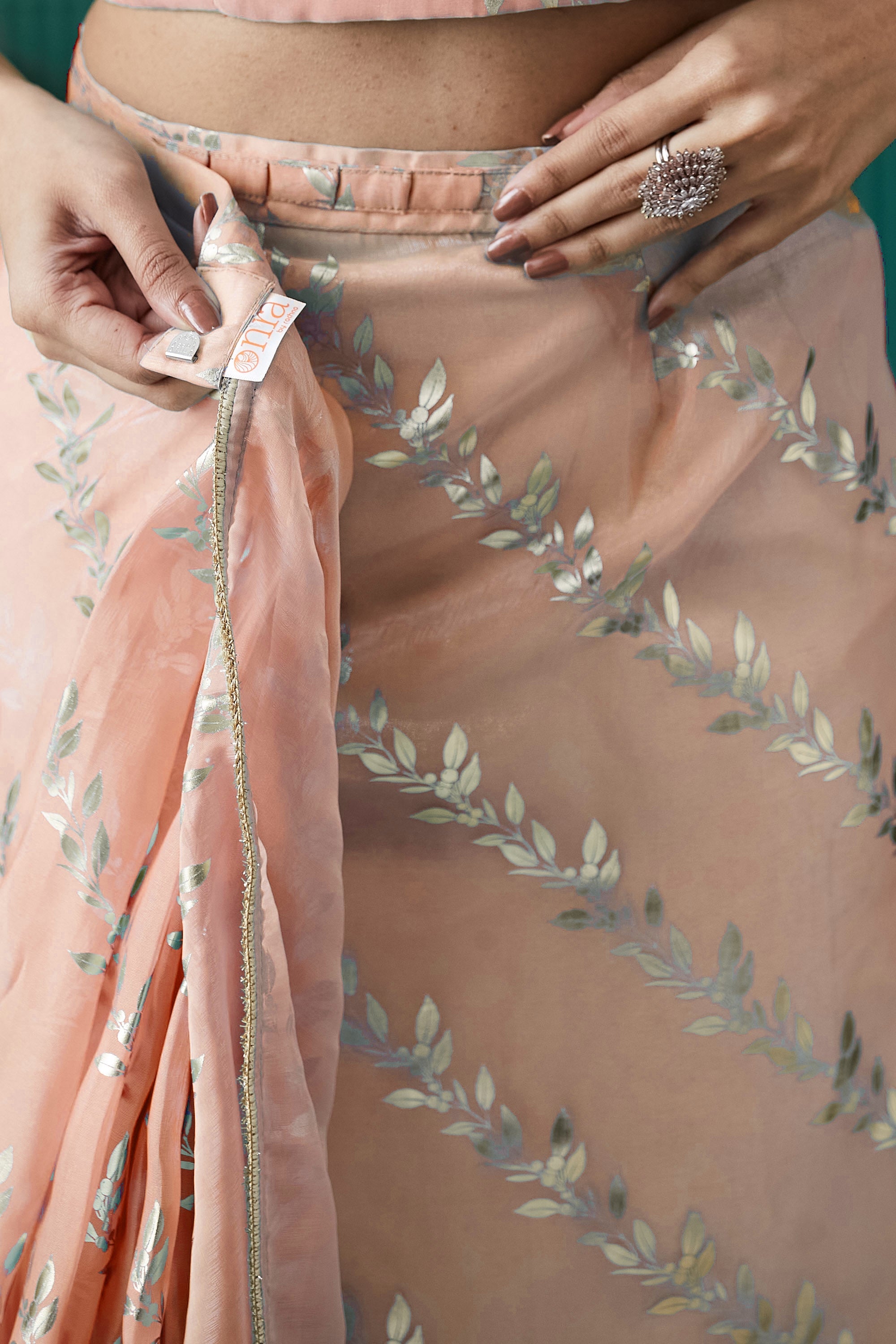 Organza Leaf Foil Print Ready To Wear Saree