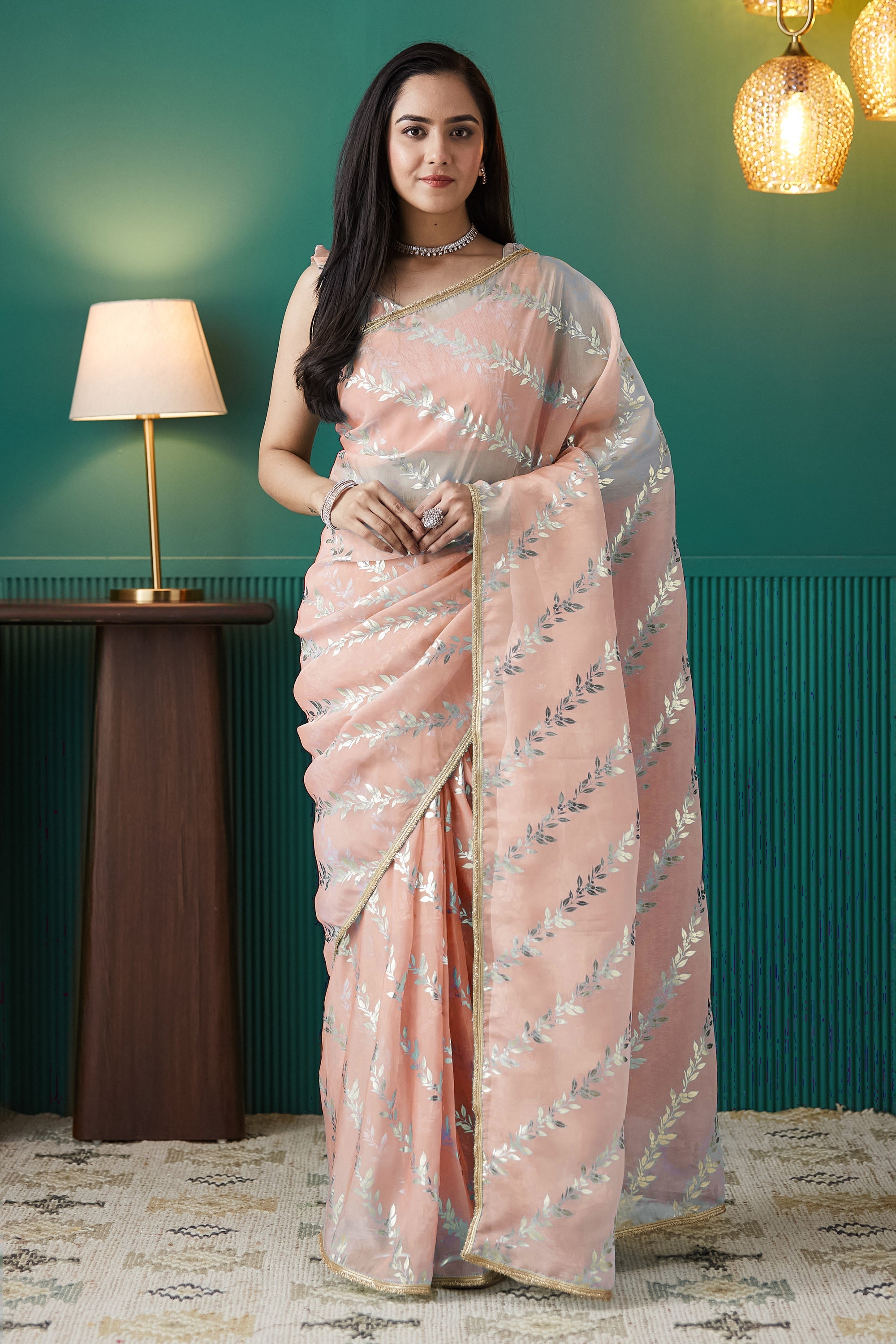 Organza Leaf Foil Print Ready To Wear Saree