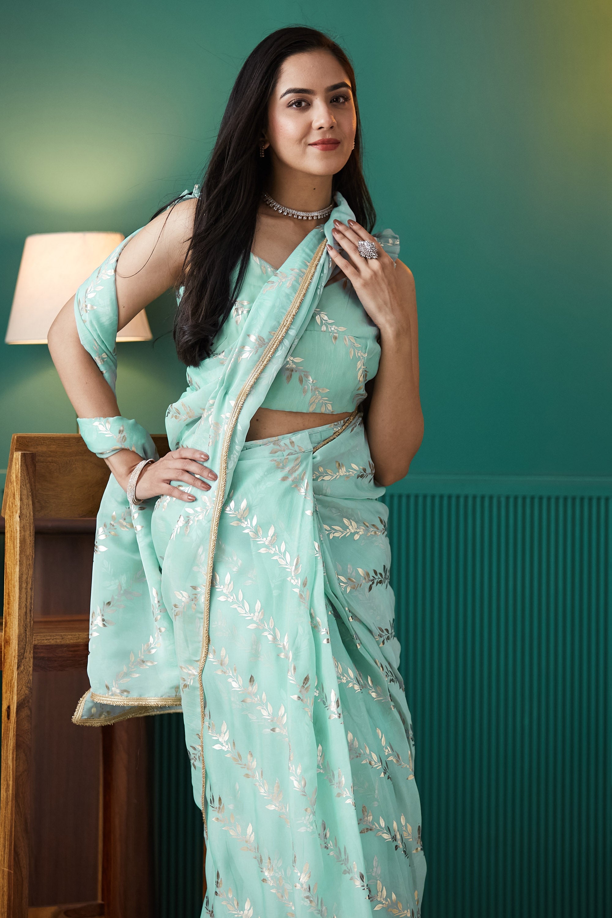 Organza Leaf Foil Print Ready To Wear Saree