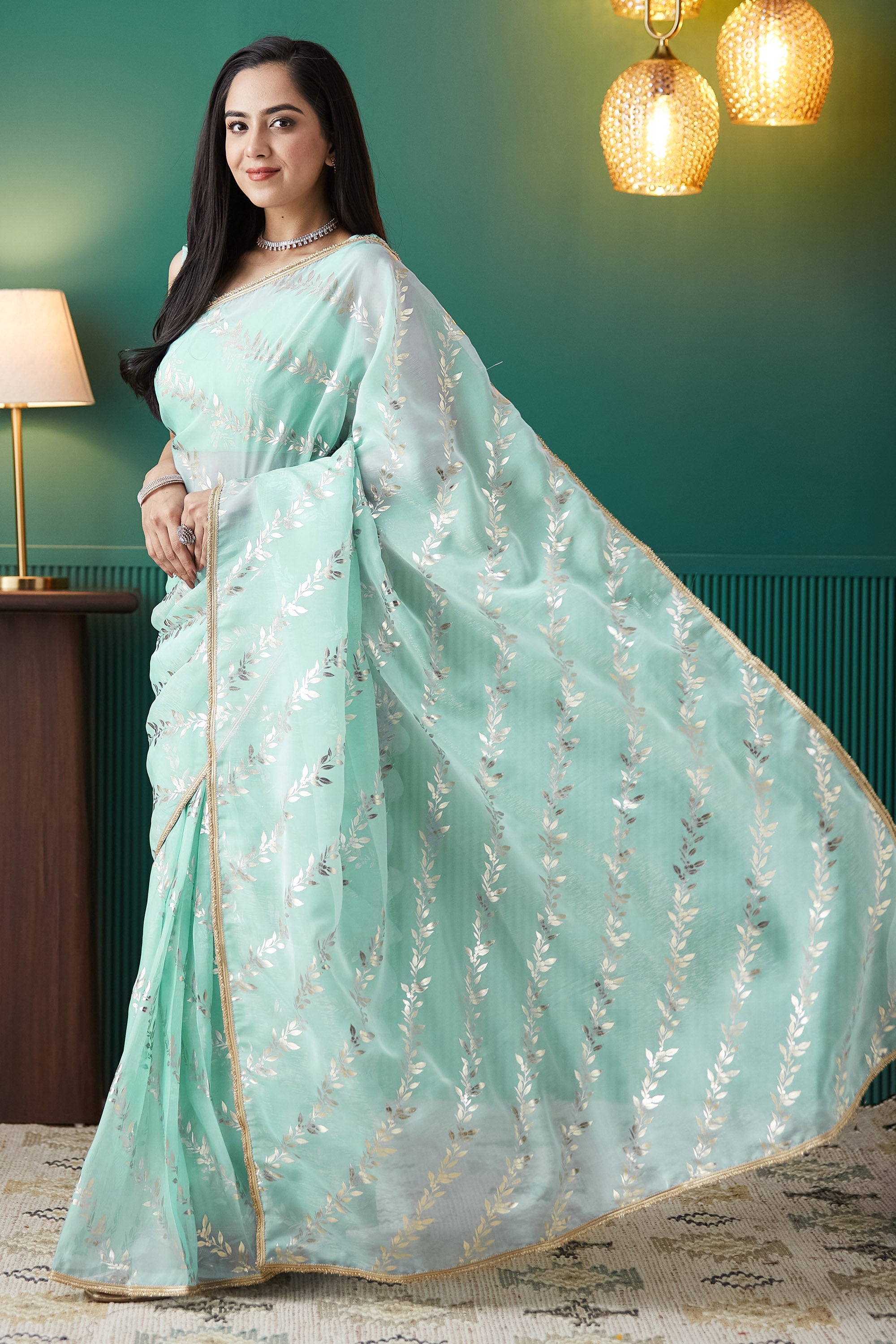 Organza Leaf Foil Print Ready To Wear Saree