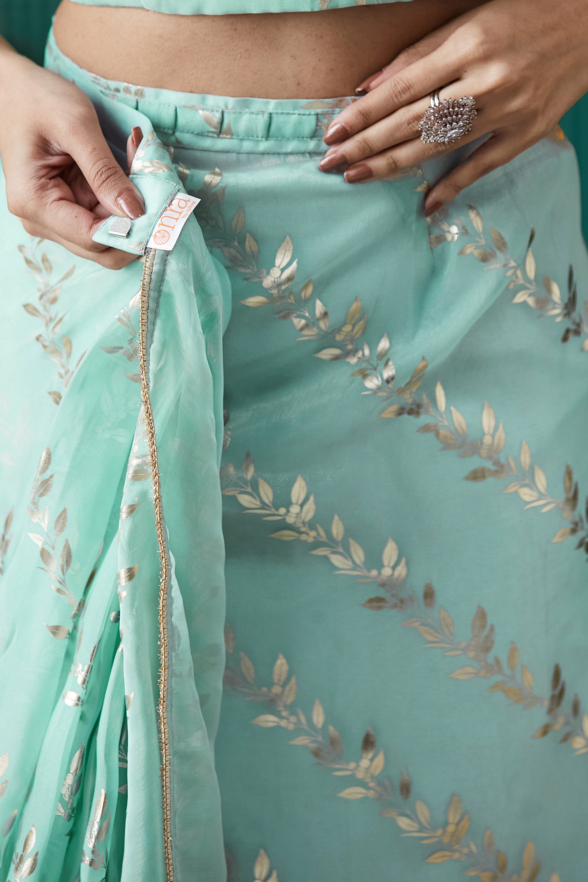 Organza Leaf Foil Print Ready To Wear Saree