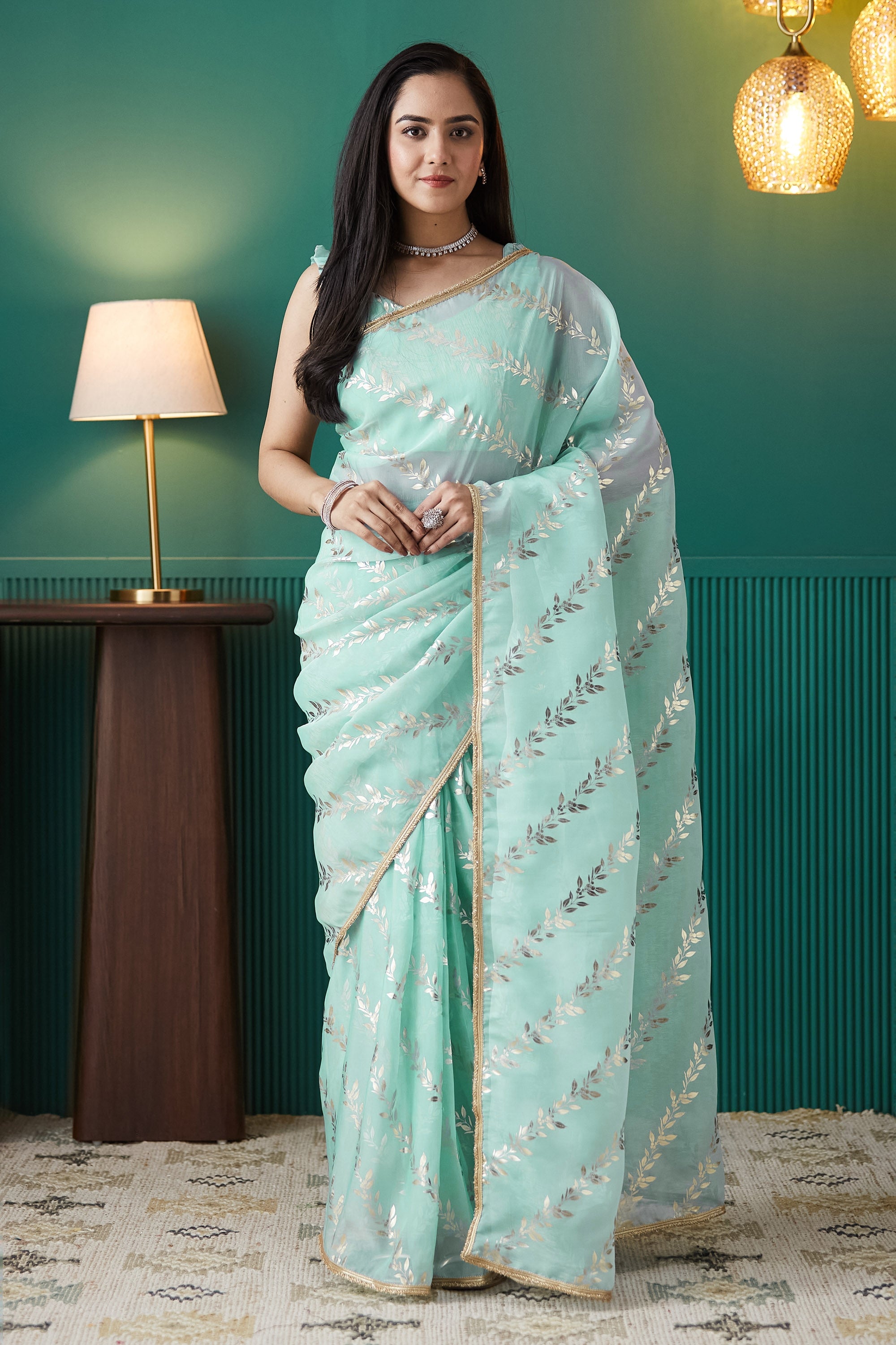 Organza Leaf Foil Print Ready To Wear Saree