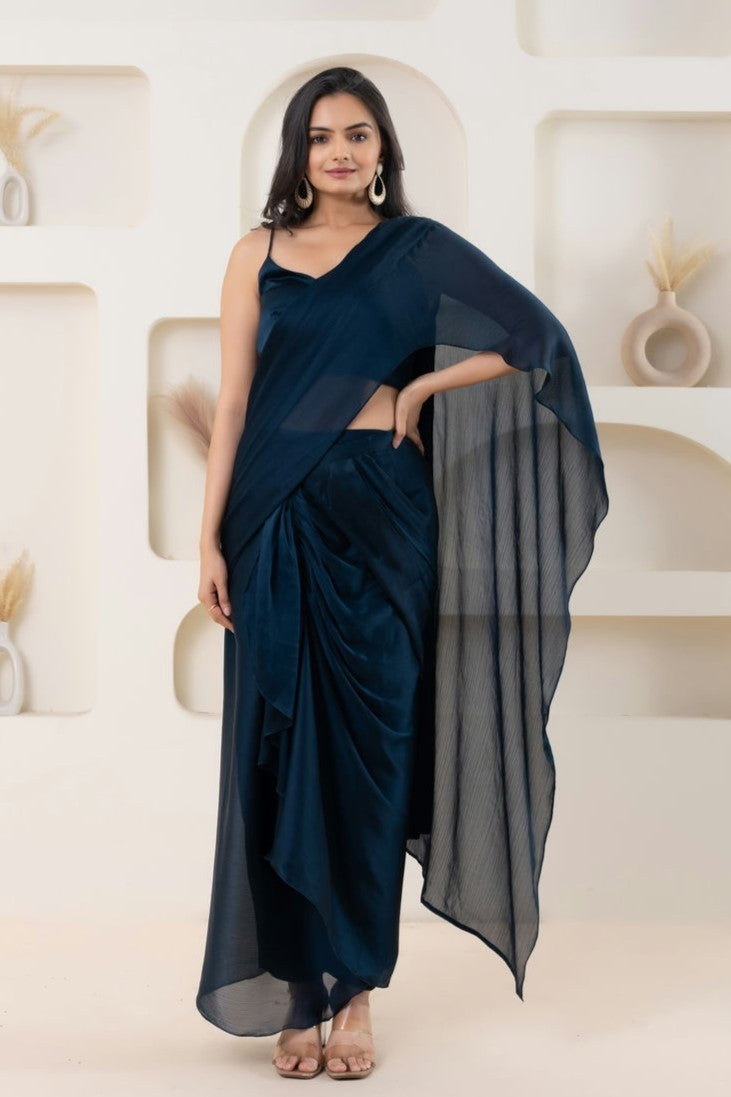 Blue Color Prestitched Ready To Wear Sarong Saree With Blouse Piece