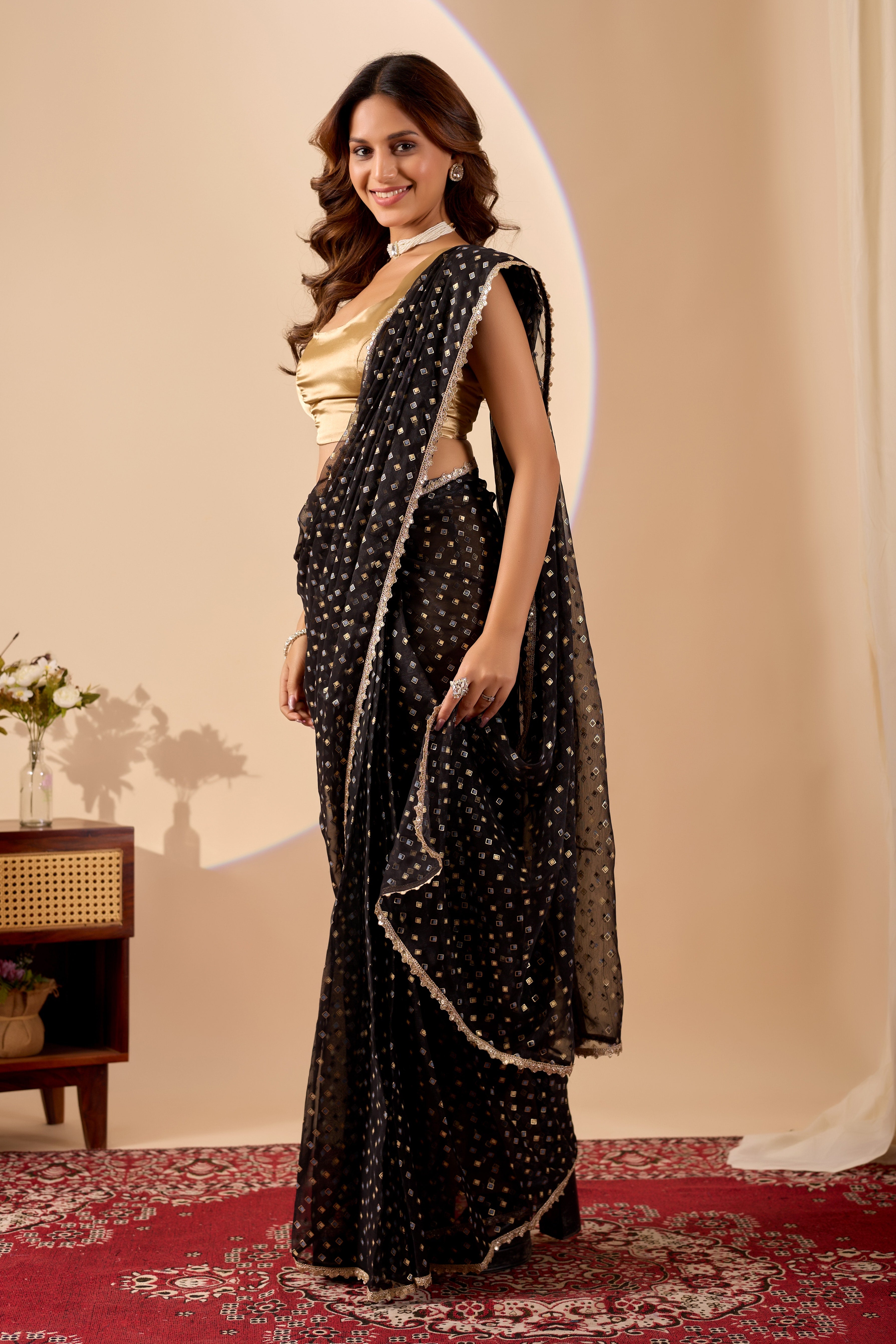 Midnight Ebony Shimmer in Poly Chiffon with Golden Sequin Embroidery.