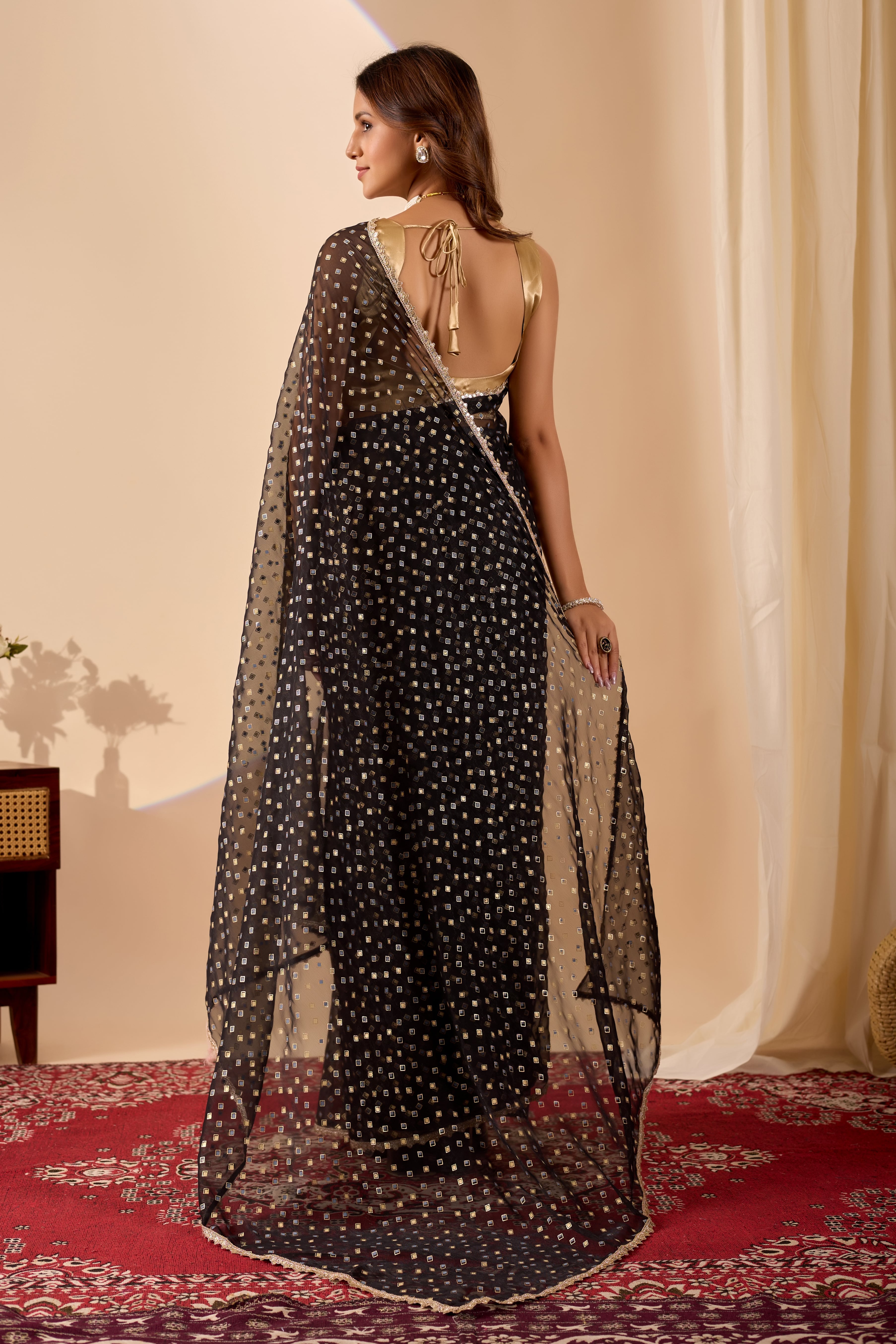 Midnight Ebony Shimmer in Poly Chiffon with Golden Sequin Embroidery.