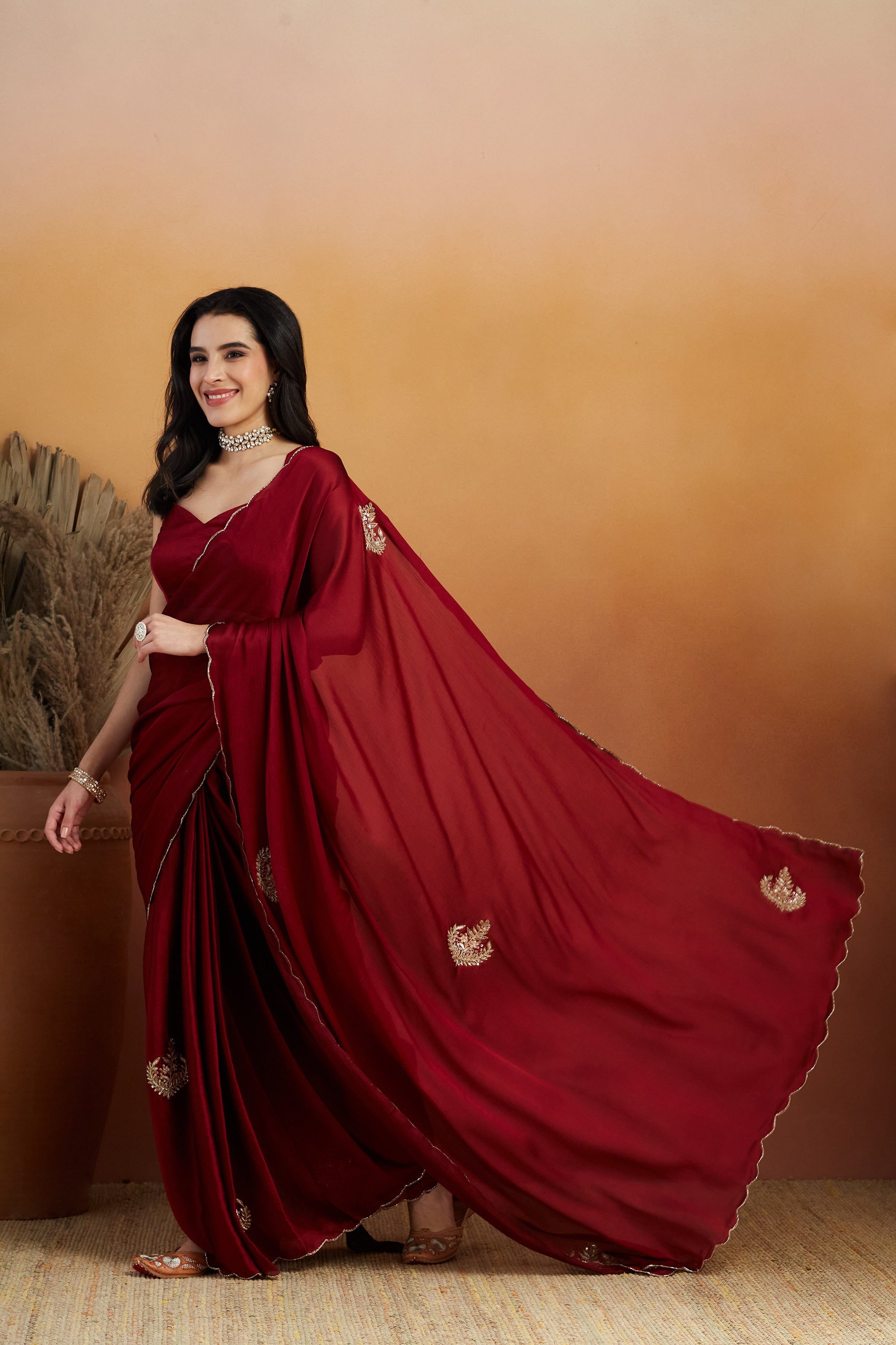 Khatali Work Butta Designer Cutwork Maroon Saree