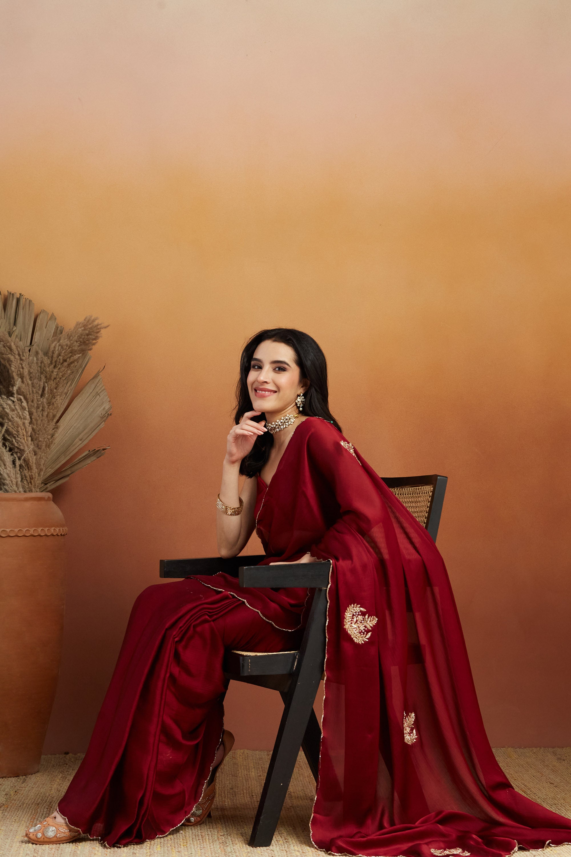 Khatali Work Butta Designer Cutwork Maroon Saree