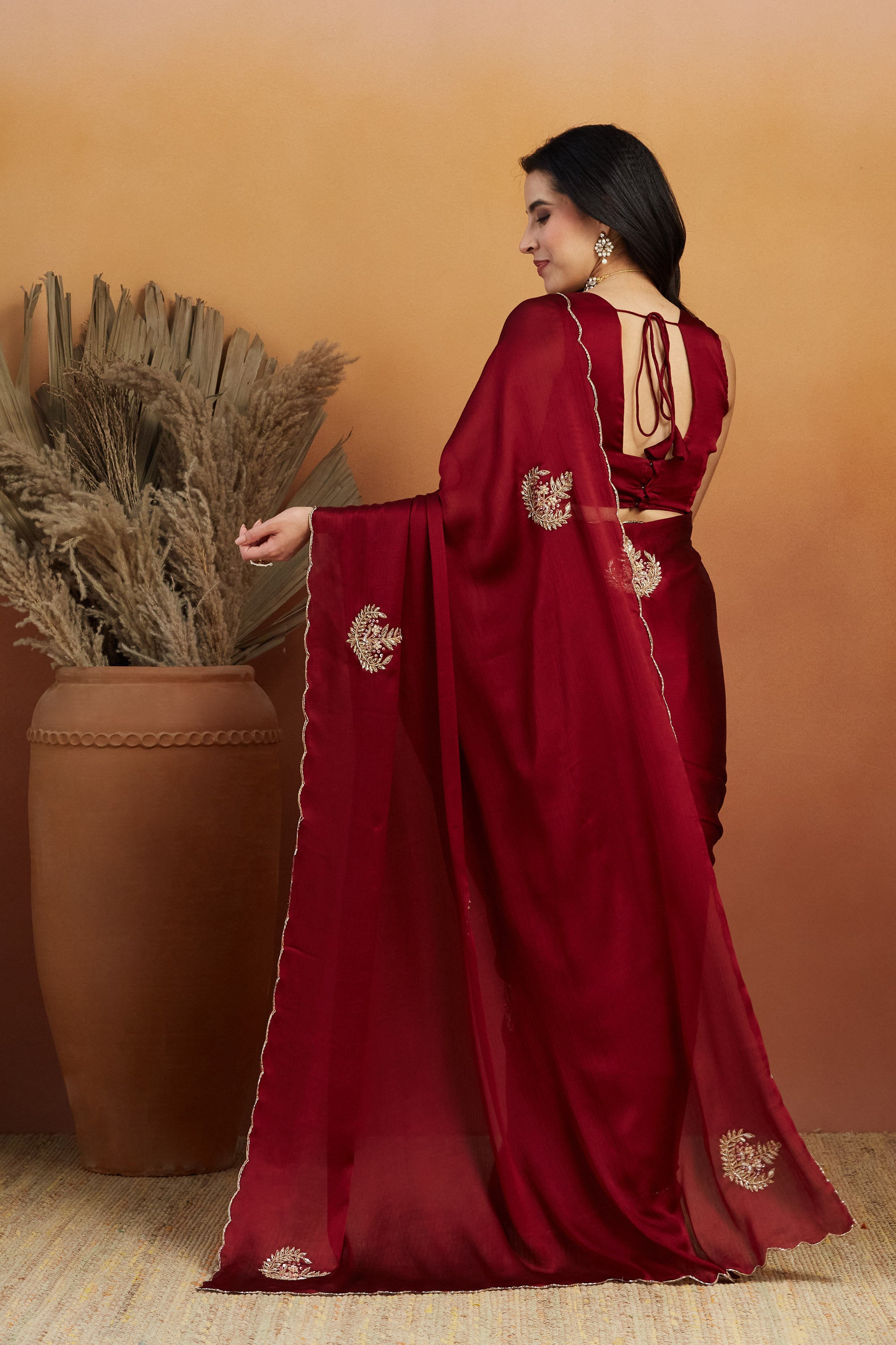 Khatali Work Butta Designer Cutwork Maroon Saree