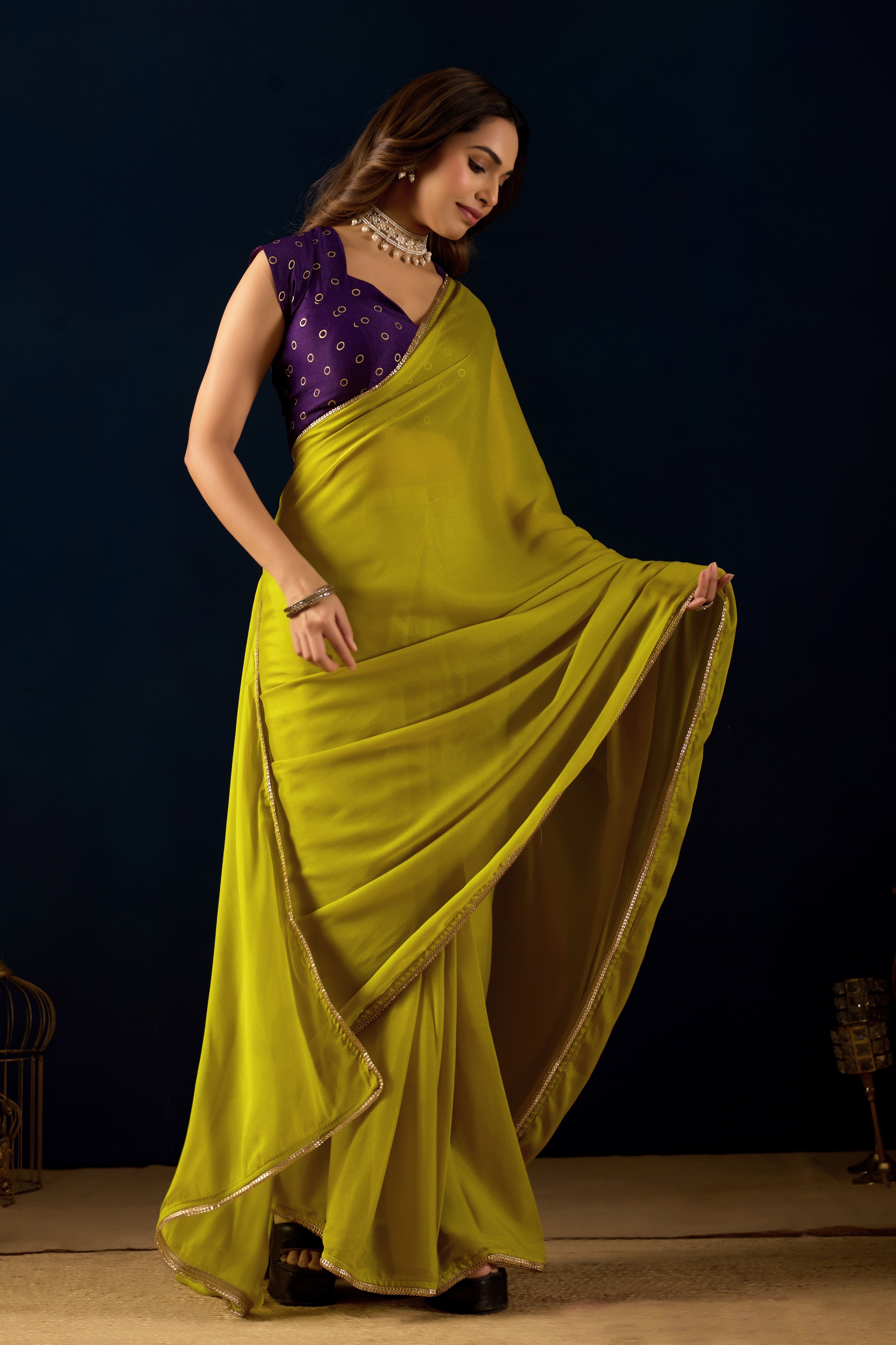 Ethereal Lime Radiance in Poly Georgette with Regal Purple Accents.
