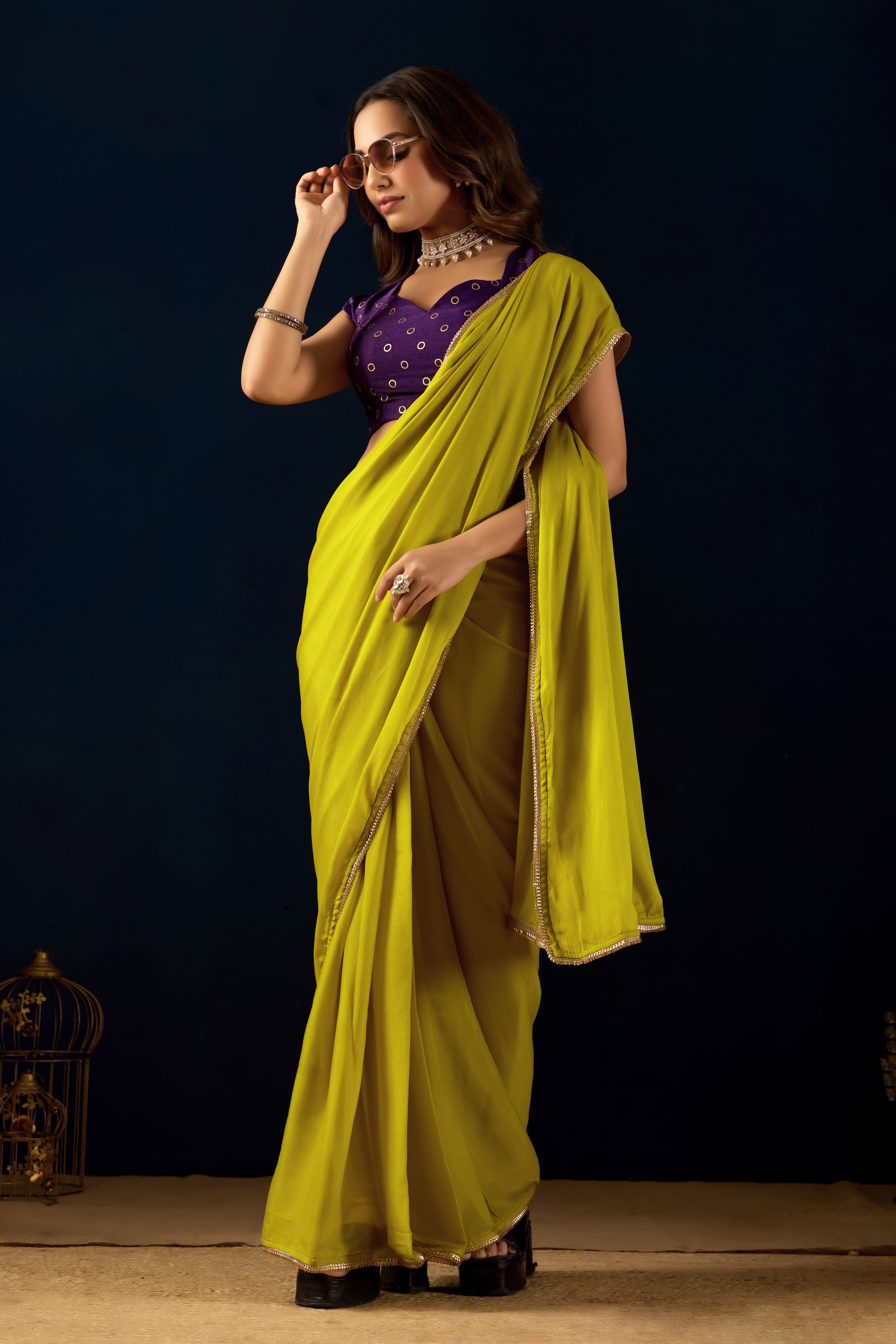 Ethereal Lime Radiance in Poly Georgette with Regal Purple Accents.