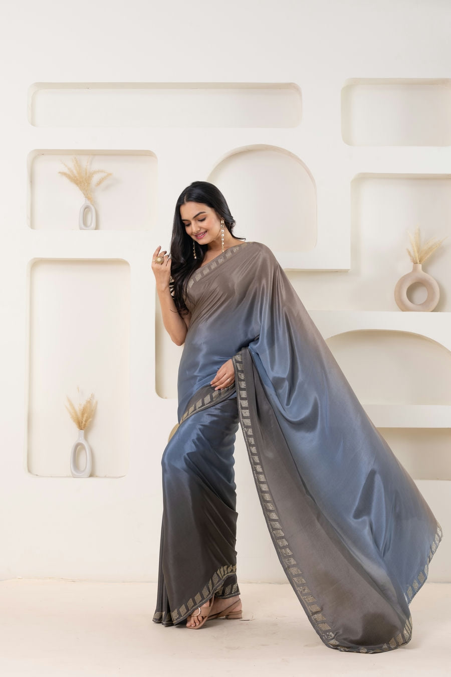 Ombre Grey Embellished Swarovski Ready to Wear Saree
