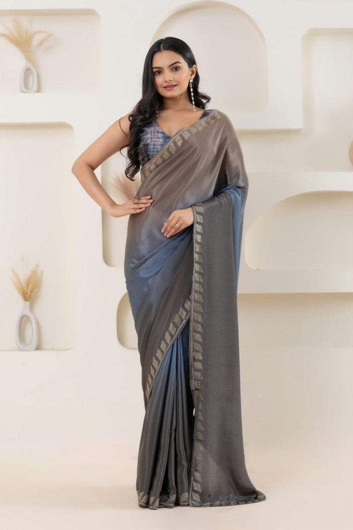 Ombre Grey Embellished Swarovski Ready to Wear Saree
