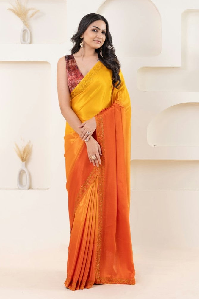 Ombre Yellow and Orange Embellished Swarovski Ready to Wear Saree