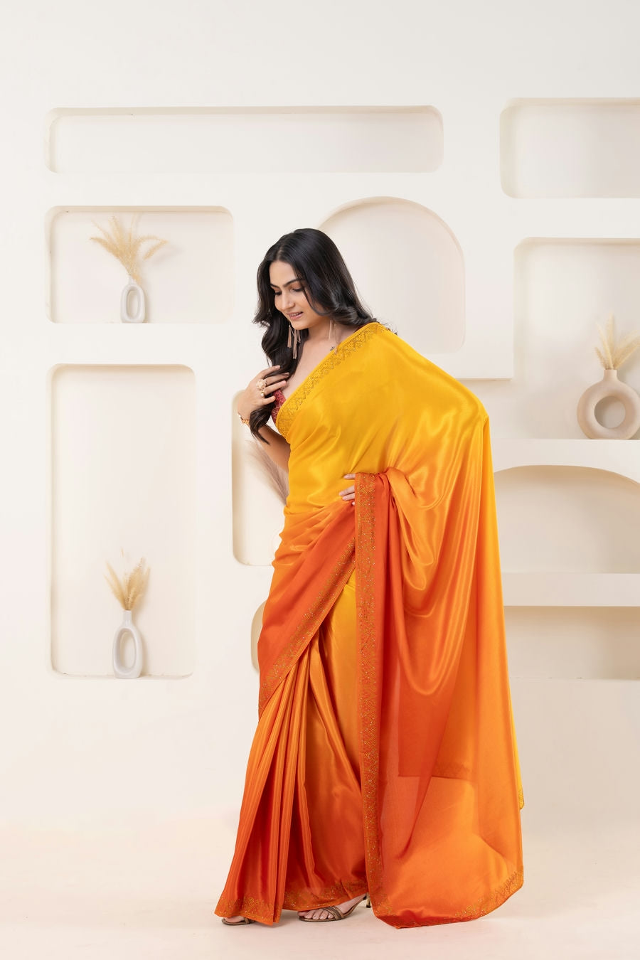 Ombre Yellow and Orange Embellished Swarovski Ready to Wear Saree